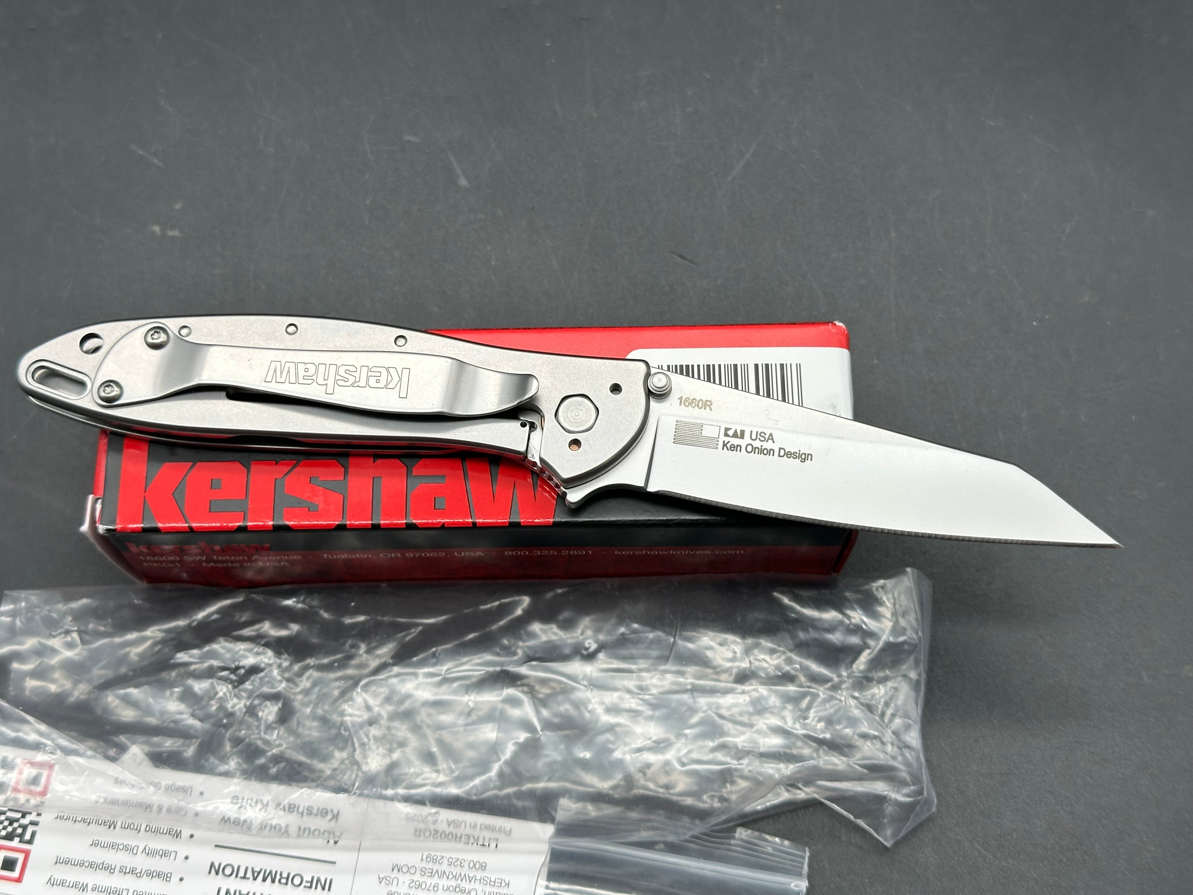 Kershaw Random Leek, 3" 14C28N Bead Blasted Reverse Tanto Blade with Bead Blasted 410 Stainless Steel Frame Lock Scales