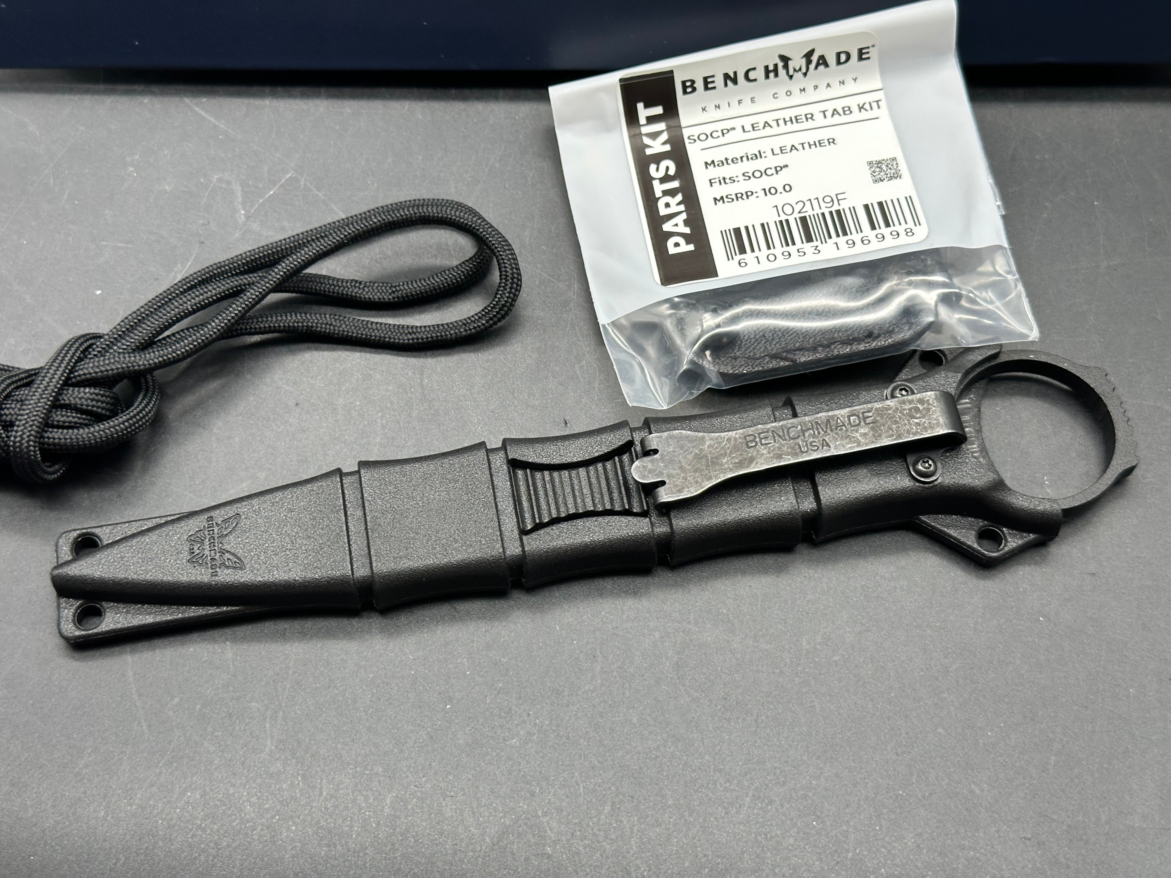 Benchmade SOCP Dagger, 3.22" 440C Black Powdercoat Double Edge Dagger Blade with Kydex Sheath and SOCP Black Leather Backplate