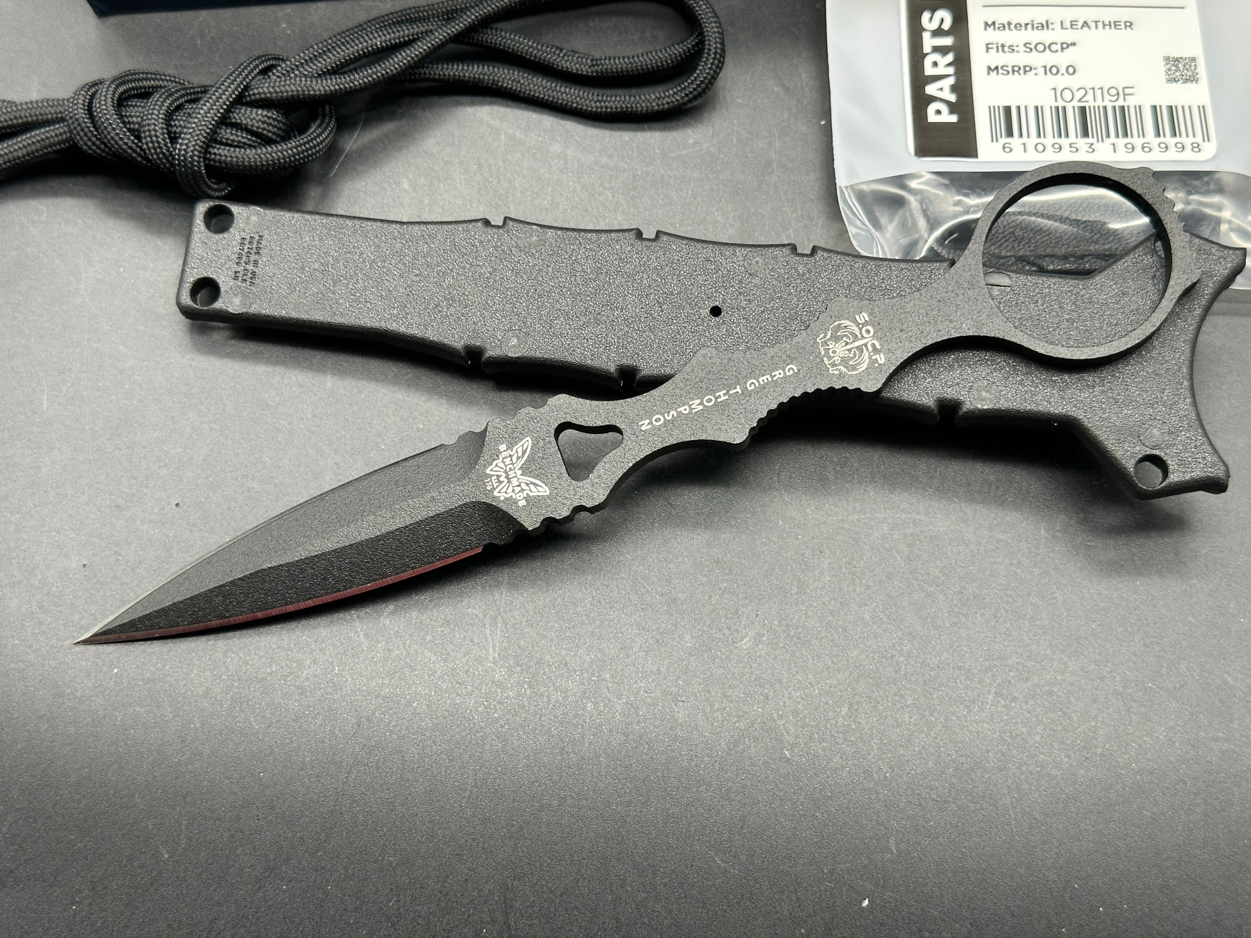 Benchmade SOCP Dagger, 3.22" 440C Black Powdercoat Double Edge Dagger Blade with Kydex Sheath and SOCP Black Leather Backplate