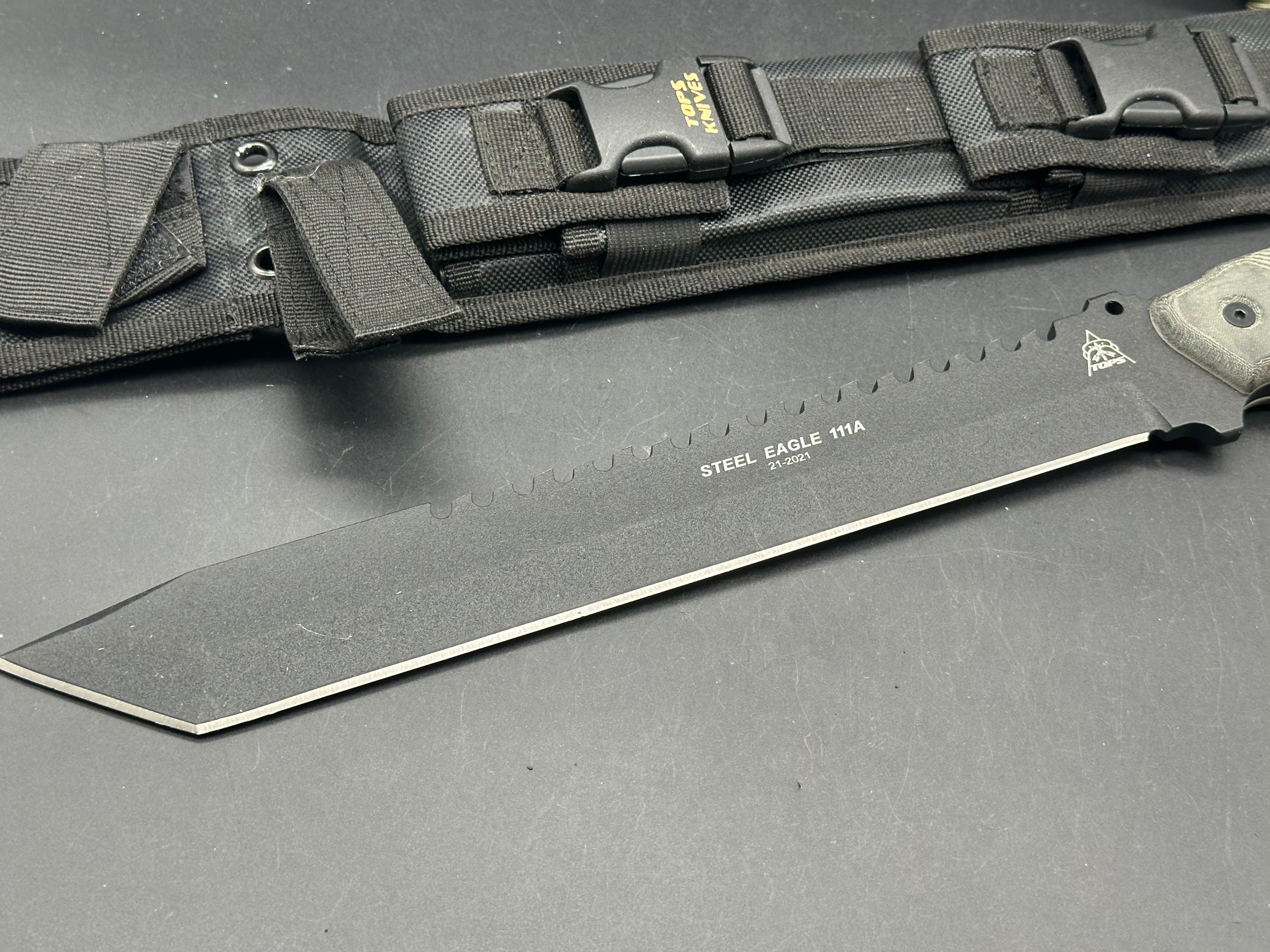 Topps 111A Steel Eagle Fixed 11-1/2" 1095 Carbon Tanto Blade, Micarta Handles