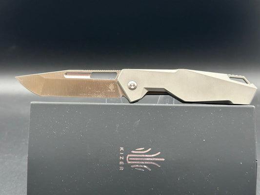 KIZER BEYOND FOLDING KNIFE GREY TITANIUM HANDLE S35VN TANTO