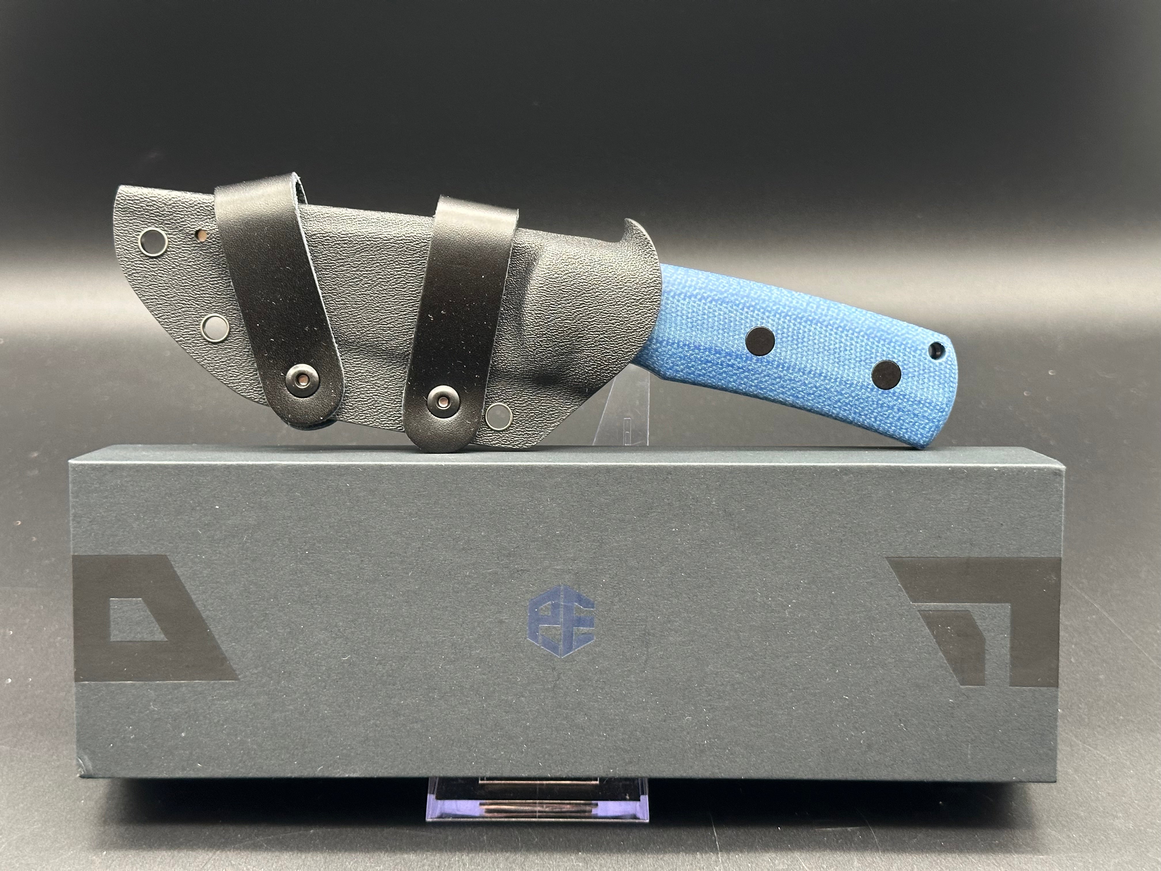 PETRIFIED FISH BELUGA FIXED BLADE KNIFE BLUE MICARTA HANDLE N690