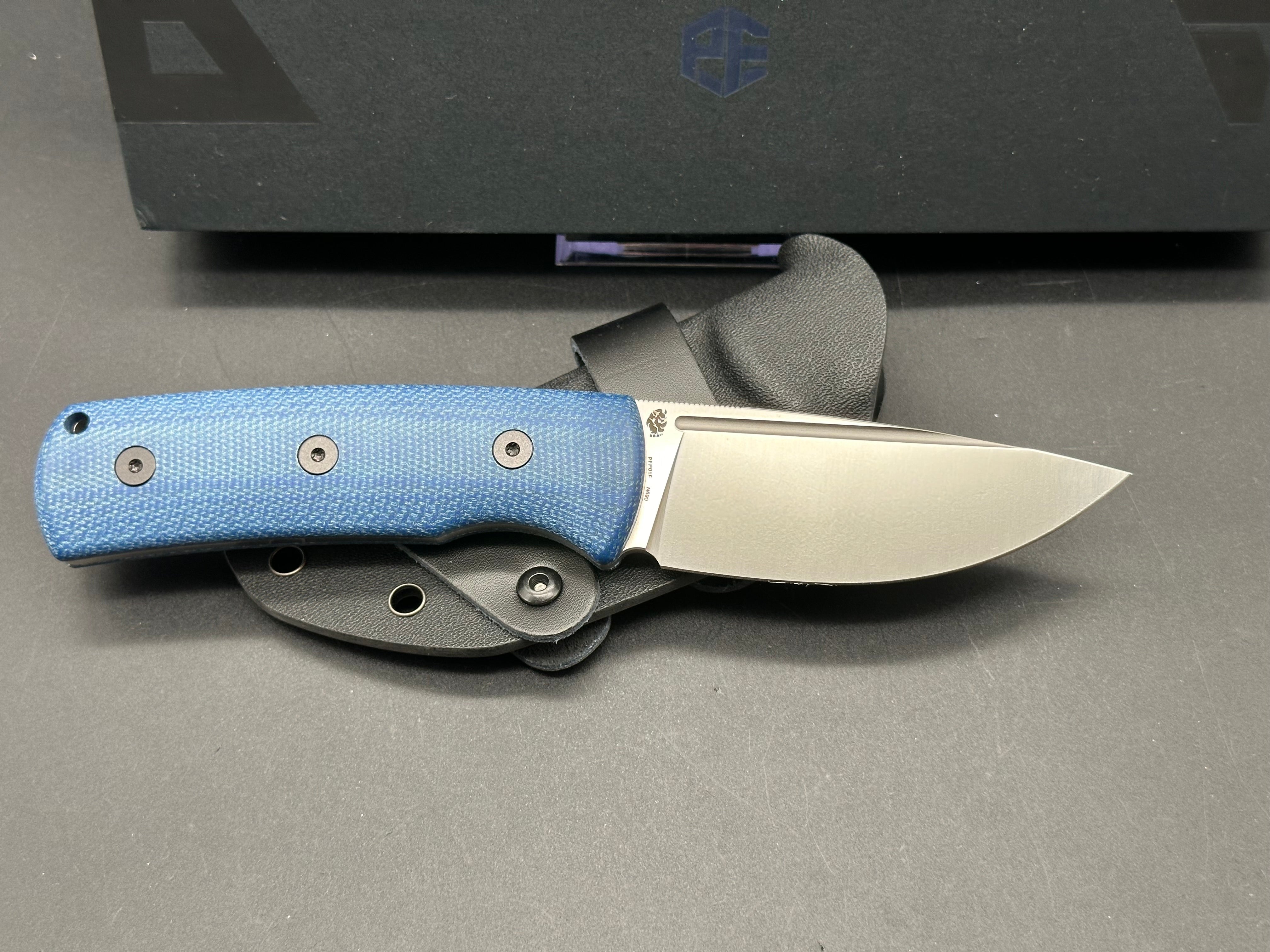 PETRIFIED FISH BELUGA FIXED BLADE KNIFE BLUE MICARTA HANDLE N690