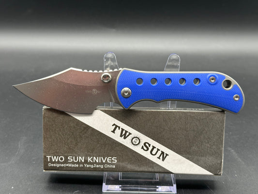 TWOSUN TS422-BLU POCKET KNIFE TITANIUM HANDLE BLUE G10 INLAY K110 BLADE FRONT FLIPPER