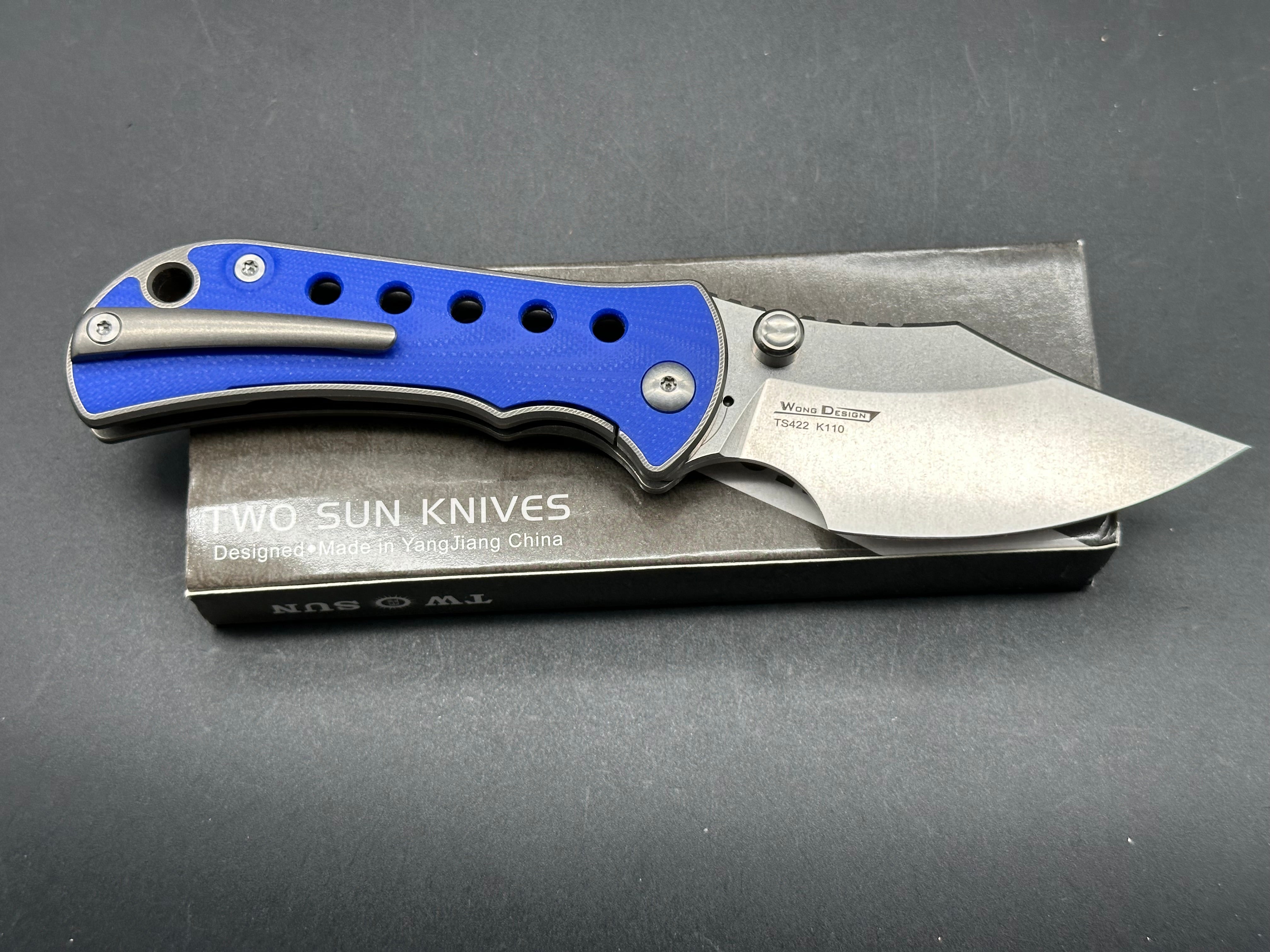 TWOSUN TS422-BLU POCKET KNIFE TITANIUM HANDLE BLUE G10 INLAY K110 BLADE FRONT FLIPPER