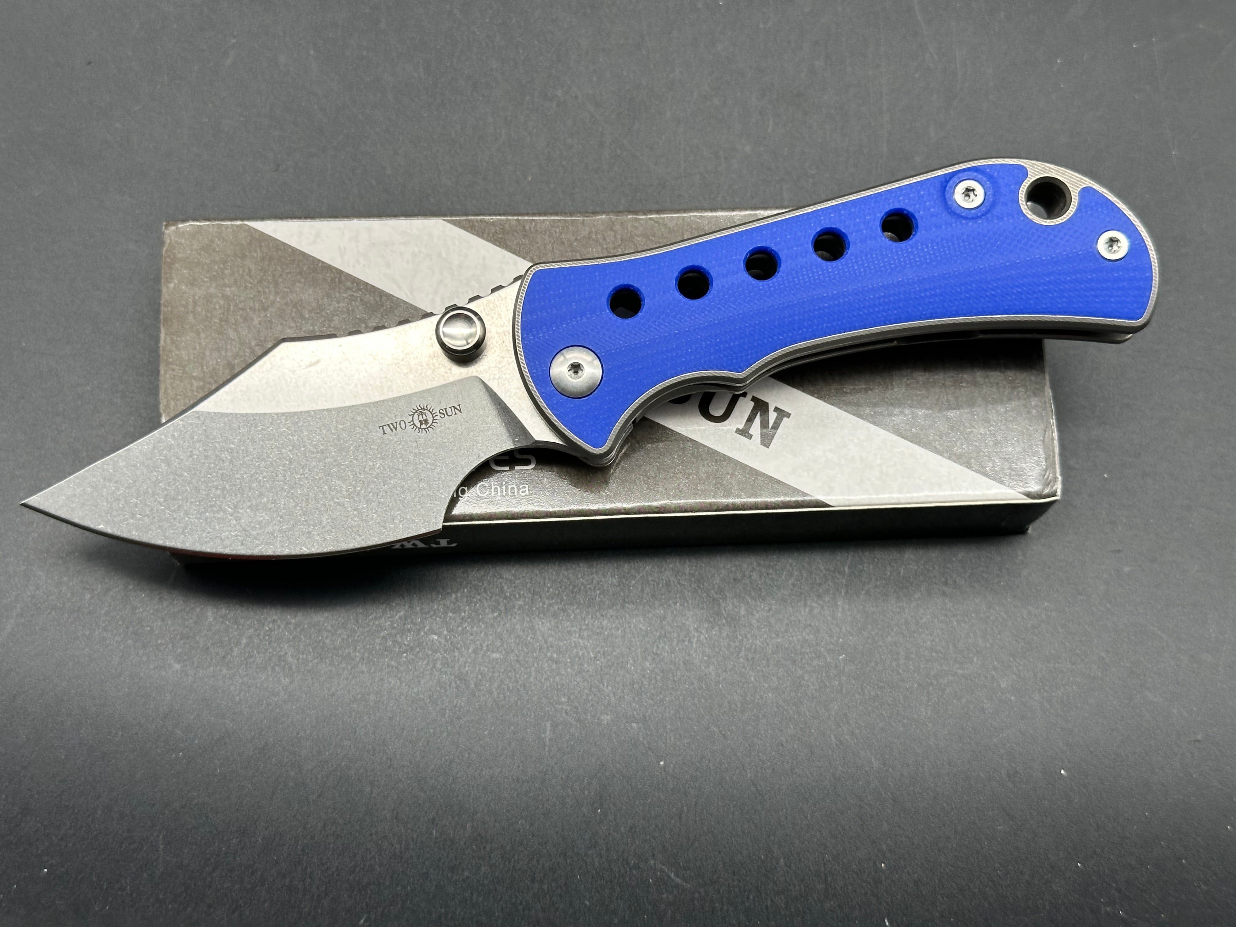 TWOSUN TS422-BLU POCKET KNIFE TITANIUM HANDLE BLUE G10 INLAY K110 BLADE FRONT FLIPPER