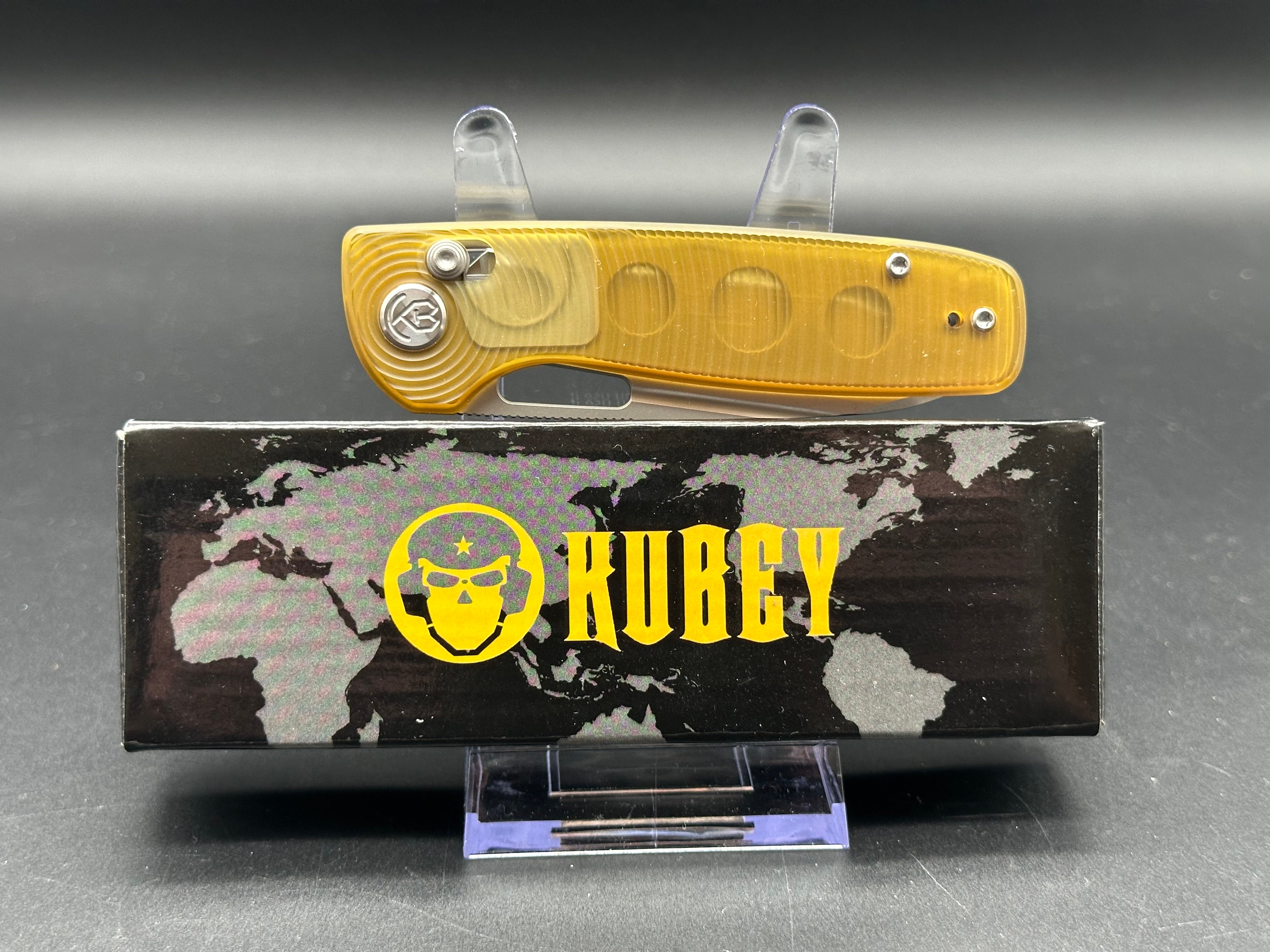 KUBEY BLUFF FOLDING KNIFE AMBER ULTEM HANDLE 14C28N PLAIN EDGE SANDBLAST FINISH KU248A