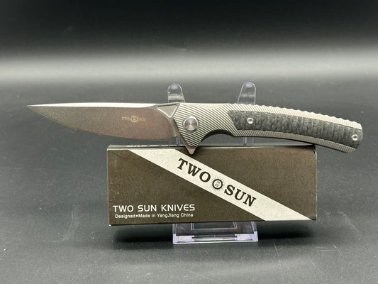 TWOSUN TS81 FRAME LOCK KNIFE TITANIUM + CF HANDLE PLAIN M390 BLADE