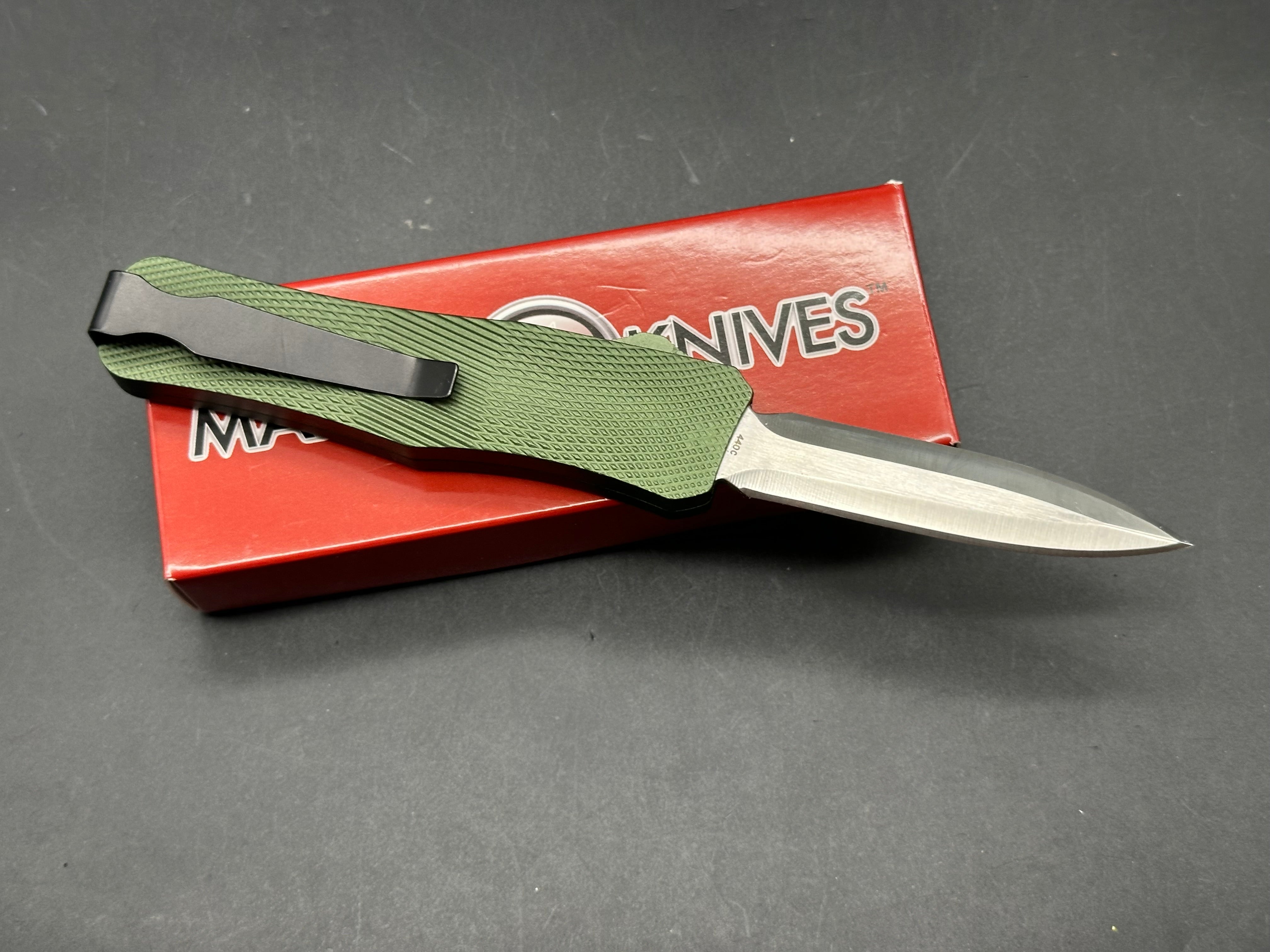 Mantis 817 AUTO OTF Knife 3.25" 440C Satin Plain Double Edge Dagger Blade, OD Green Milled Aluminum Handles
