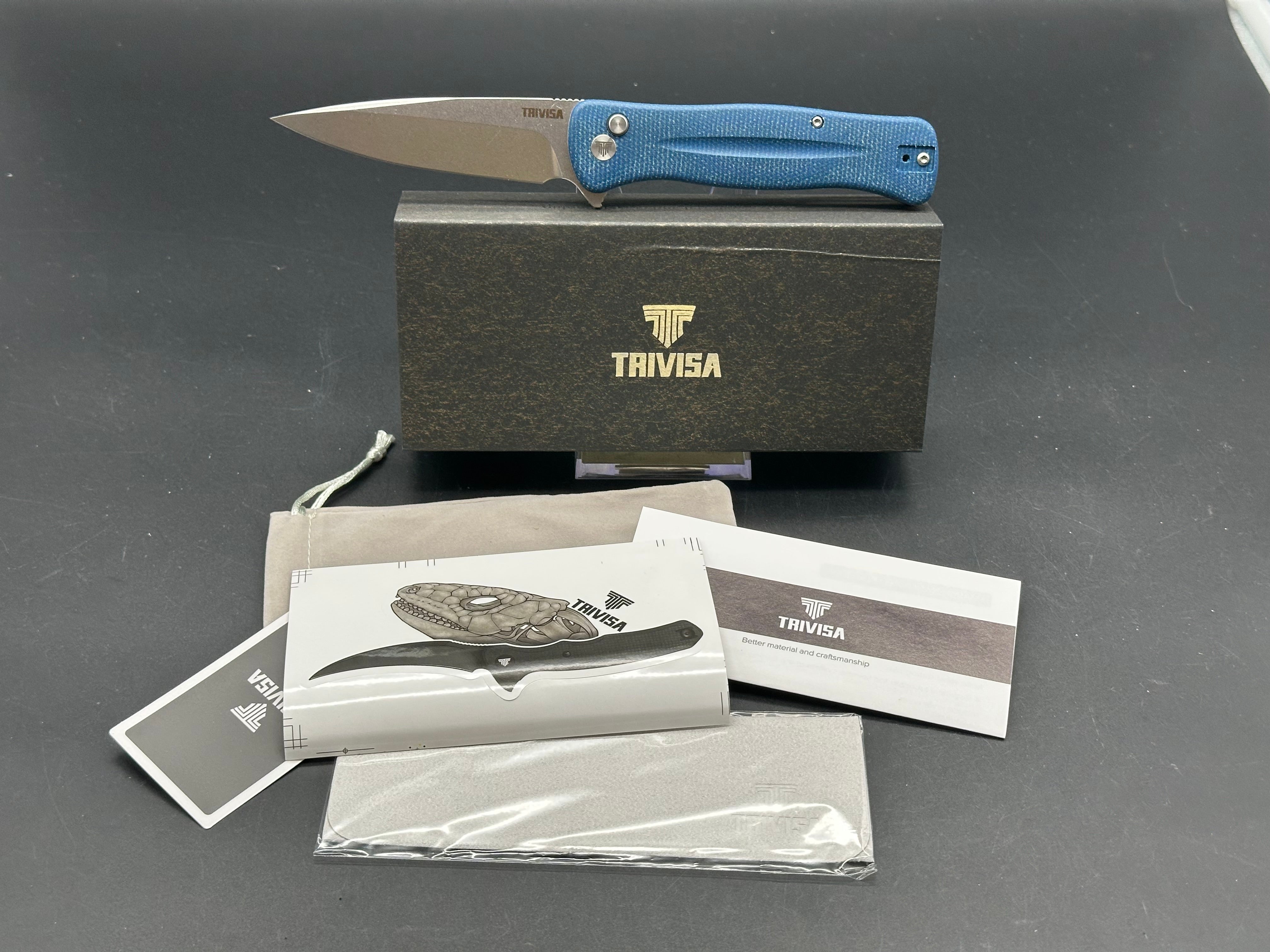 TRIVISA BLUE MICARTA HANDLE 14C28N PLAIN EDGE SATIN FINISH