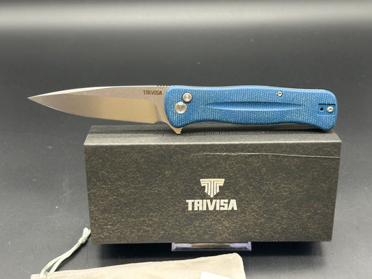 TRIVISA BLUE MICARTA HANDLE 14C28N PLAIN EDGE SATIN FINISH