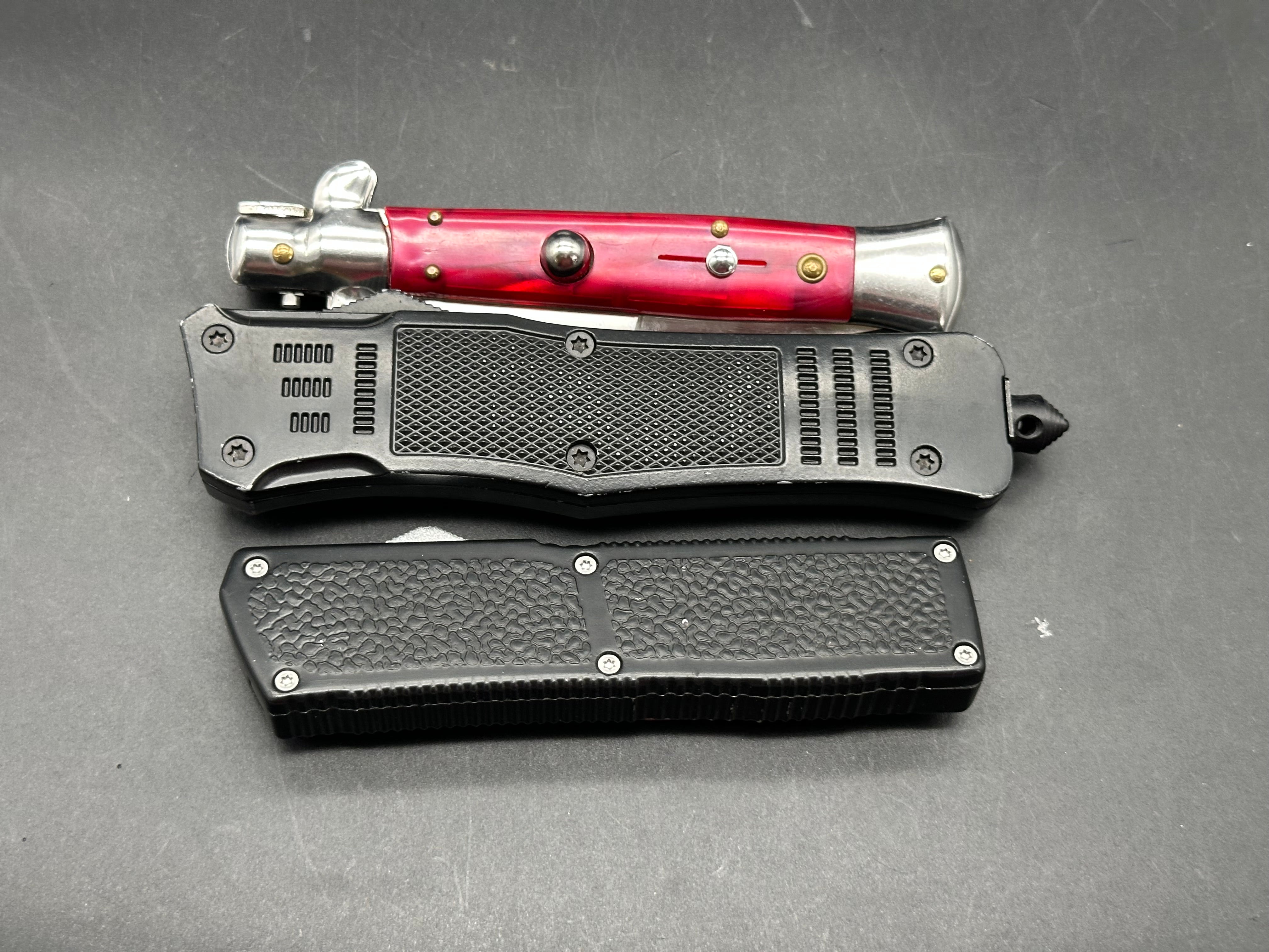 AKC RED STILLETO SIDE AUTO, LIGHTNING ELITE OTF, AND ATOMIC DEFENDER LARGE SERRATED TANTO OTF