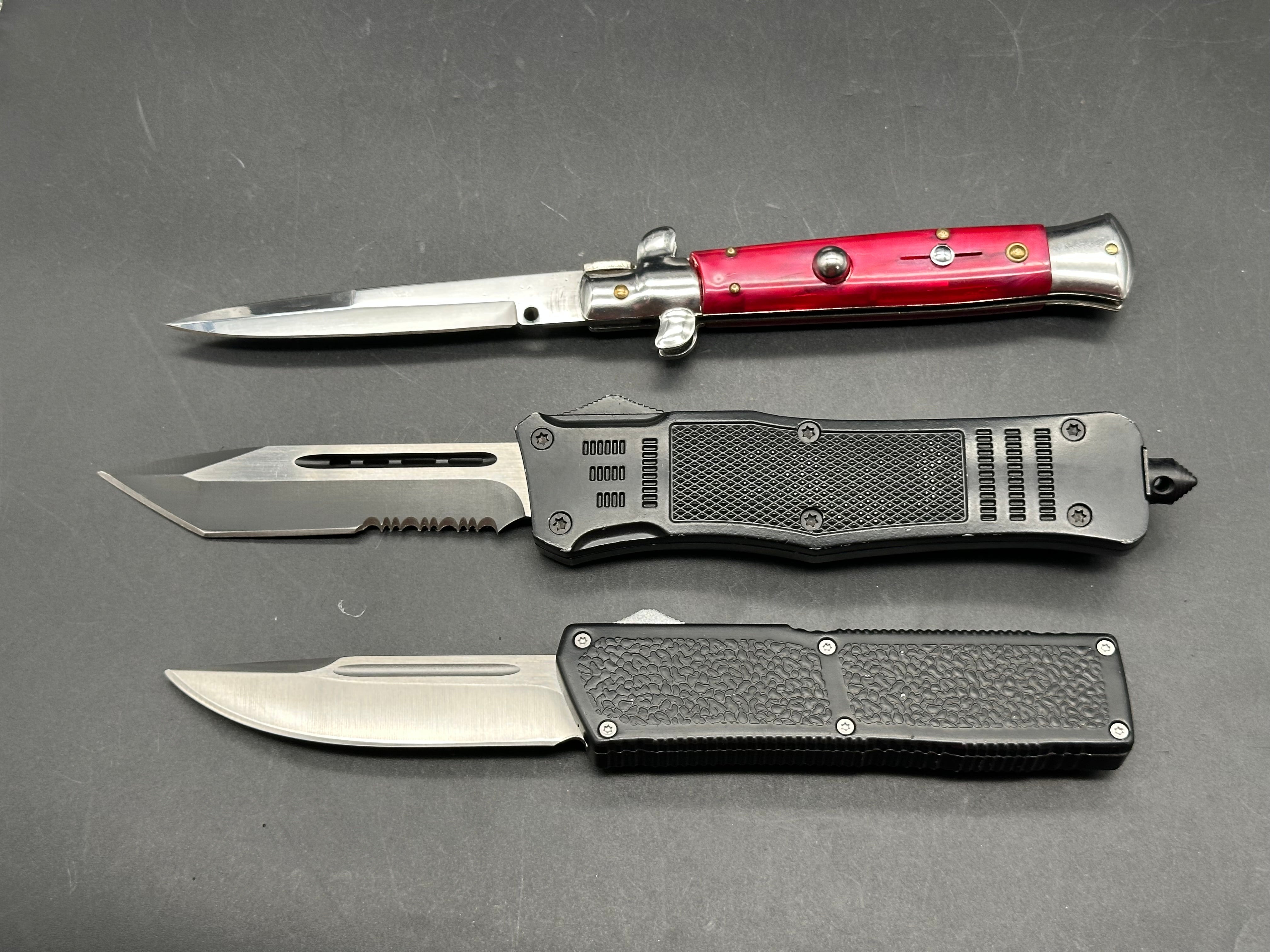 AKC RED STILLETO SIDE AUTO, LIGHTNING ELITE OTF, AND ATOMIC DEFENDER LARGE SERRATED TANTO OTF