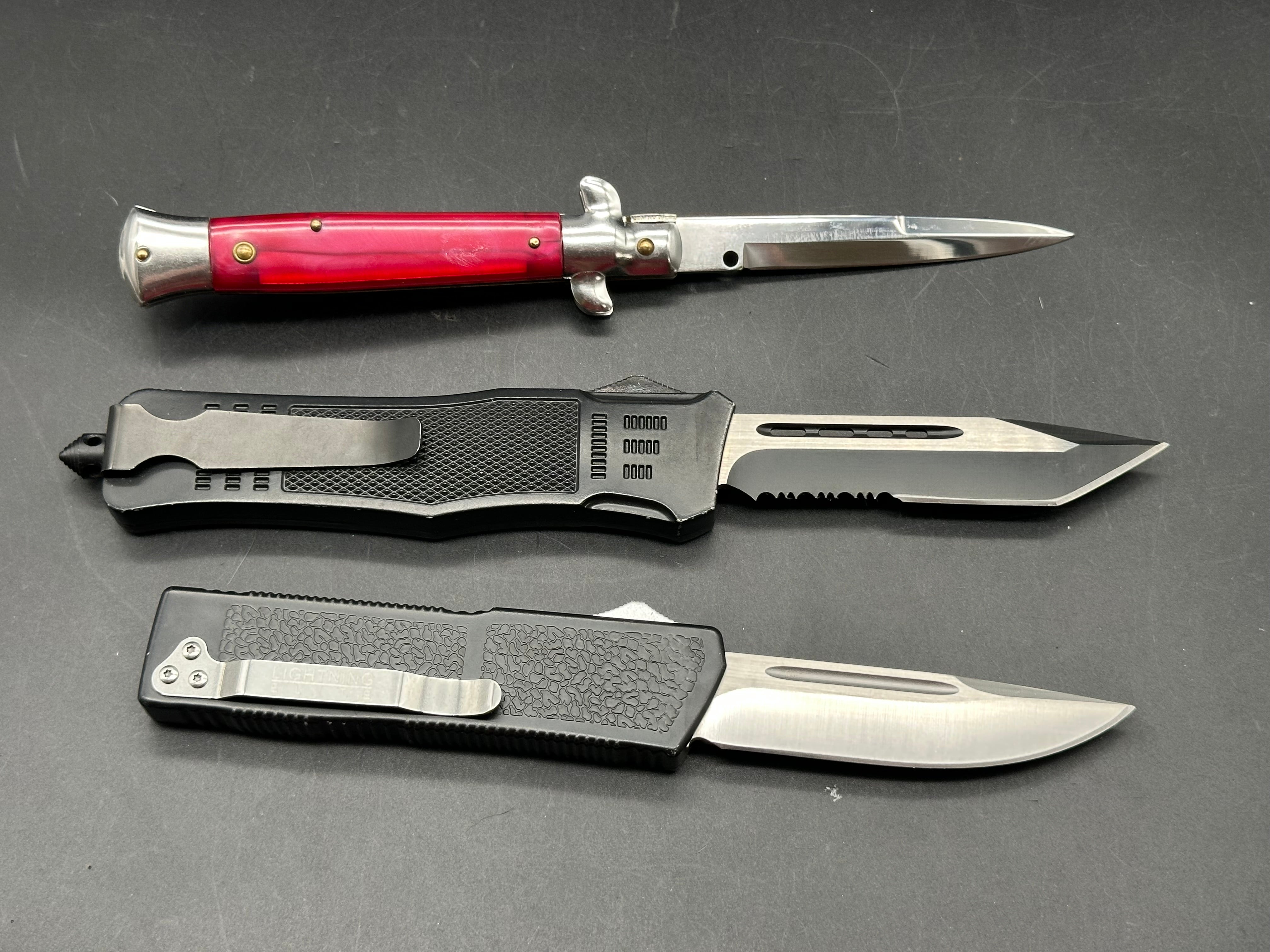 AKC RED STILLETO SIDE AUTO, LIGHTNING ELITE OTF, AND ATOMIC DEFENDER LARGE SERRATED TANTO OTF