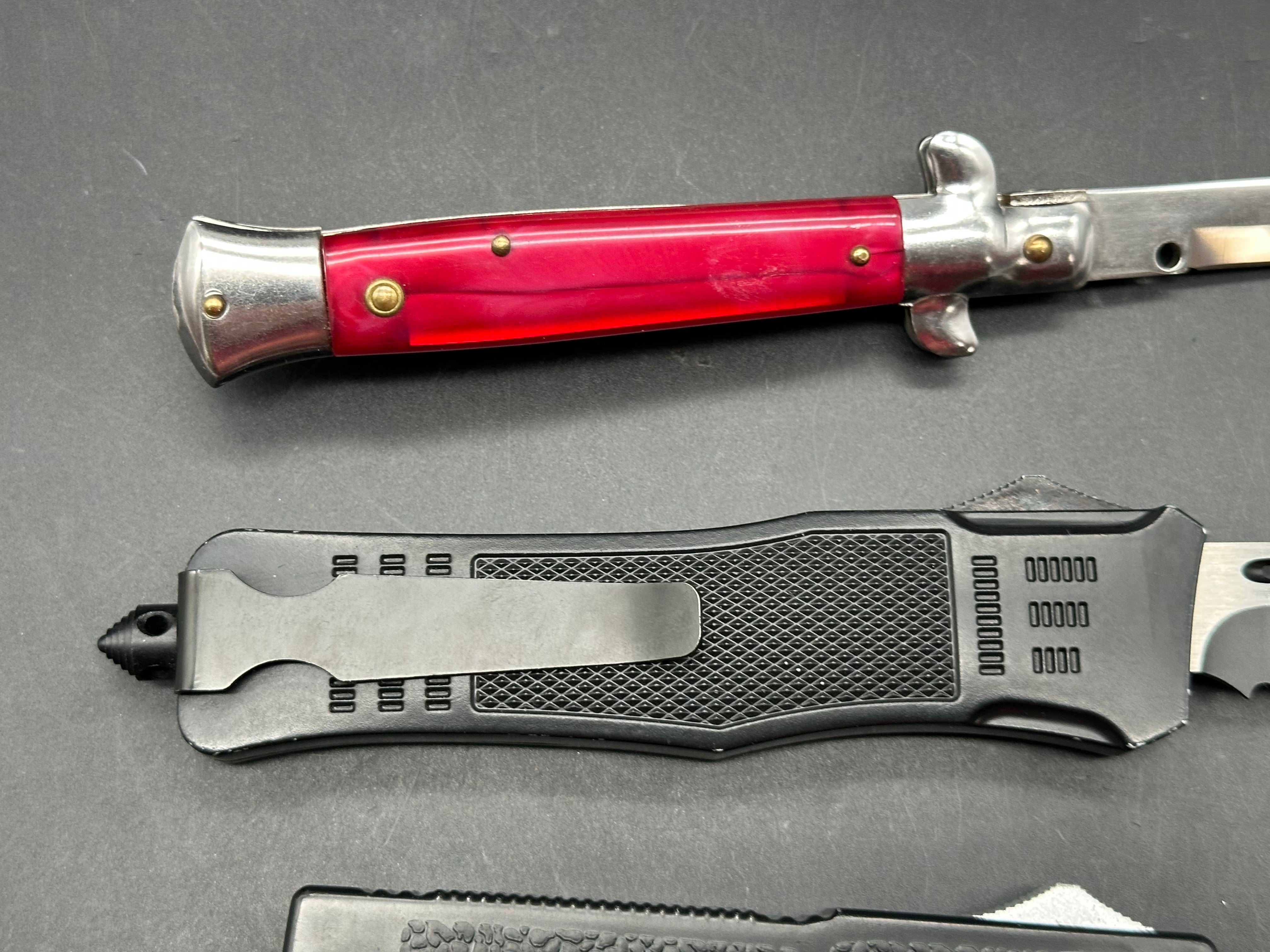 AKC RED STILLETO SIDE AUTO, LIGHTNING ELITE OTF, AND ATOMIC DEFENDER LARGE SERRATED TANTO OTF