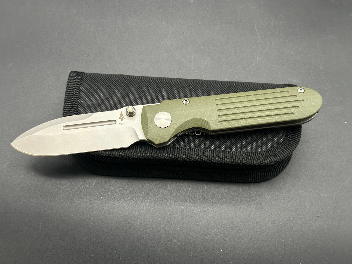 Terrain 365/PDW Invictus-ATC Compact OD Green G10 and Titanium Handles 3" Terravantium Dendritic Cobalt