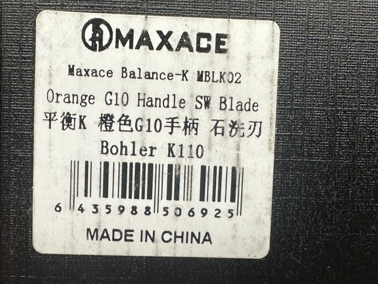 Maxace Balance-K Liner Lock Knife Orange G-10 (3.75" SW)