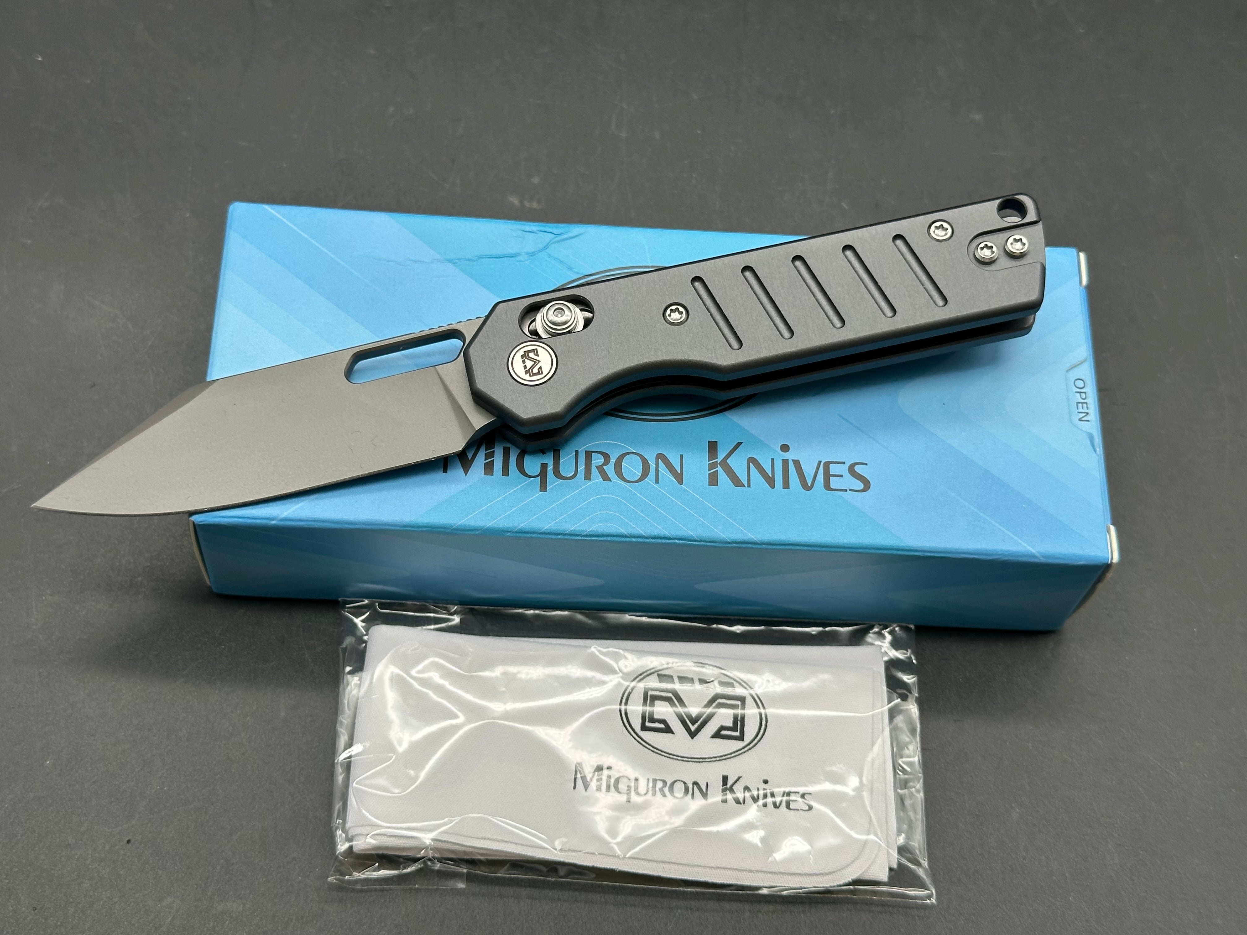 Miguron Gatov 2.81" D2 Dark Gray PVD Blade with Dark Gray Aluminum Scales (Satin Hardware)