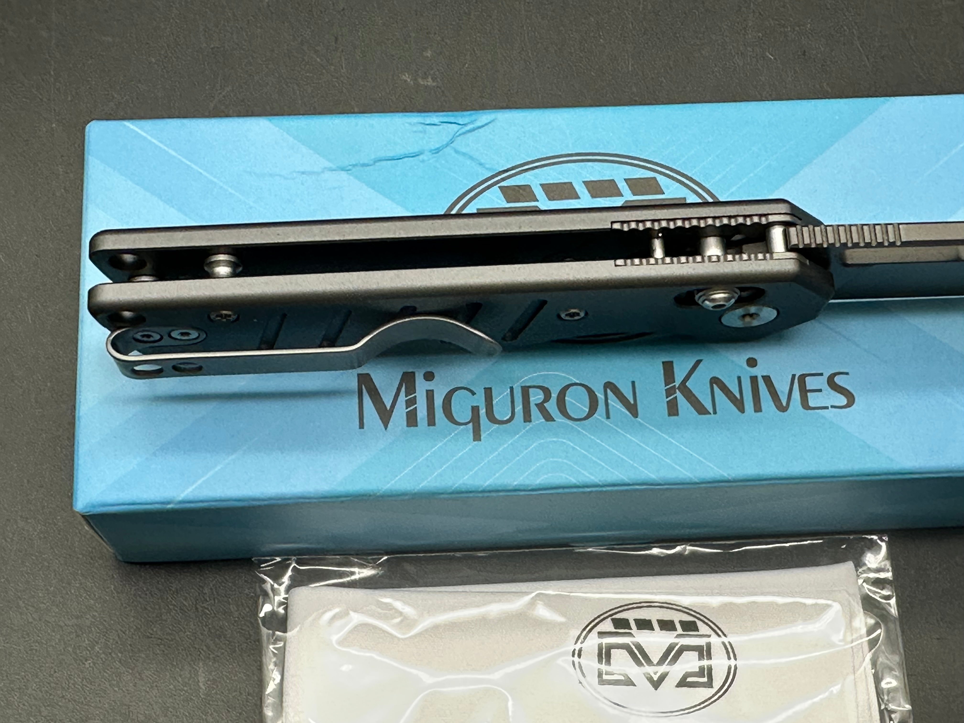 Miguron Gatov 2.81" D2 Dark Gray PVD Blade with Dark Gray Aluminum Scales (Satin Hardware)