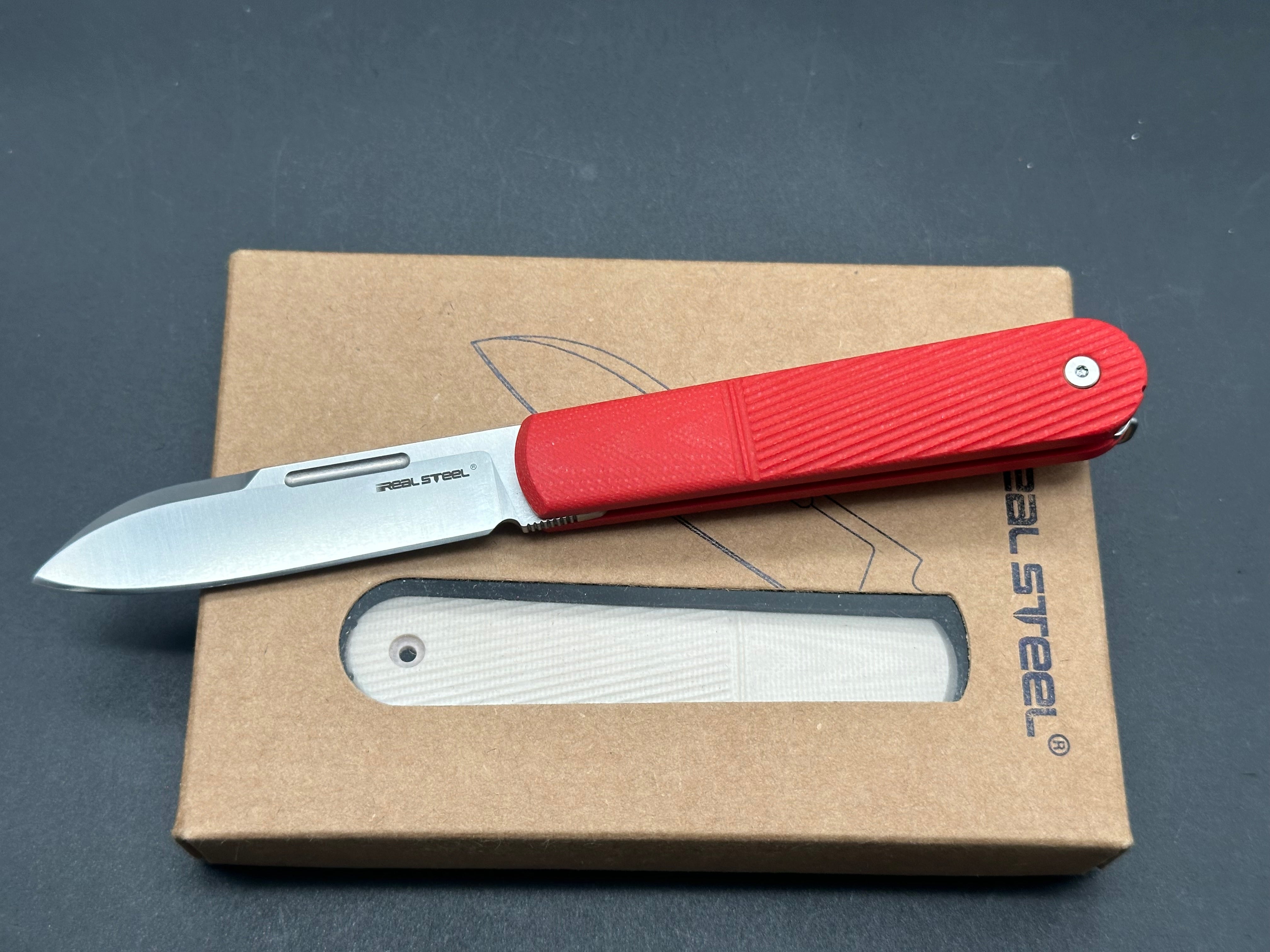 Real Steel Knives Real Barlow RB-5 Slipjoint Plus extra scales, Ivory & Red G10 Handles