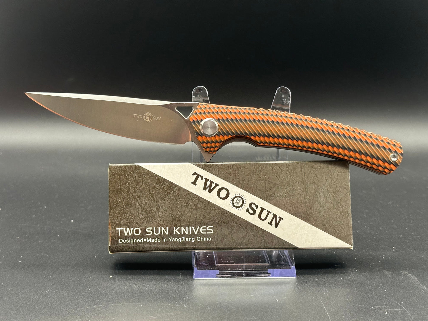 TWOSUN FOLDING KNIFE BLACK/ORANGE G10 HANDLE D2 PLAIN EDGE TS81-OR