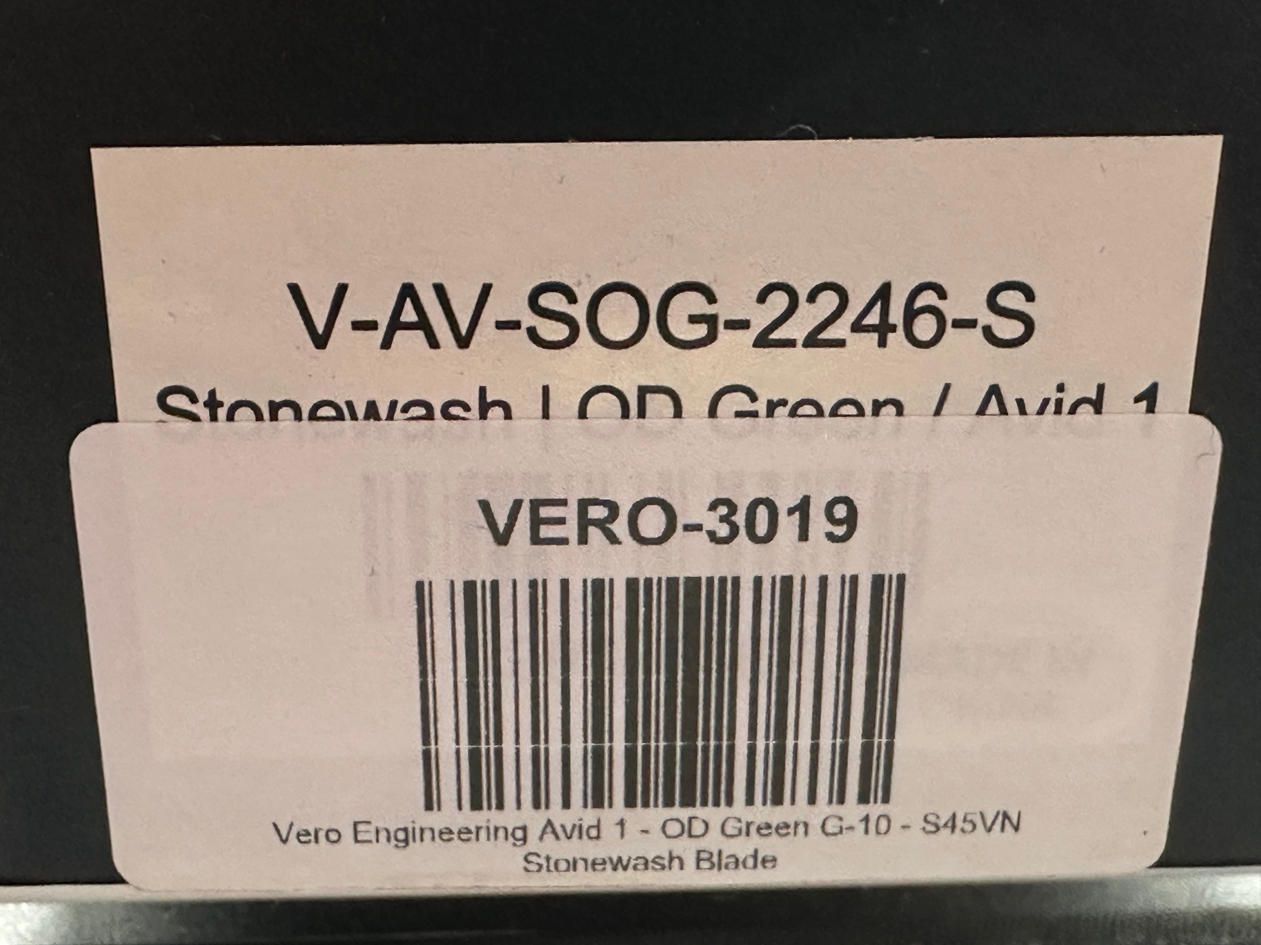 Vero Engineering Avid 1 - DLT Exclusive #503 3.25" CPM S45VN Stonewash Blade with OD Green G10 Scales