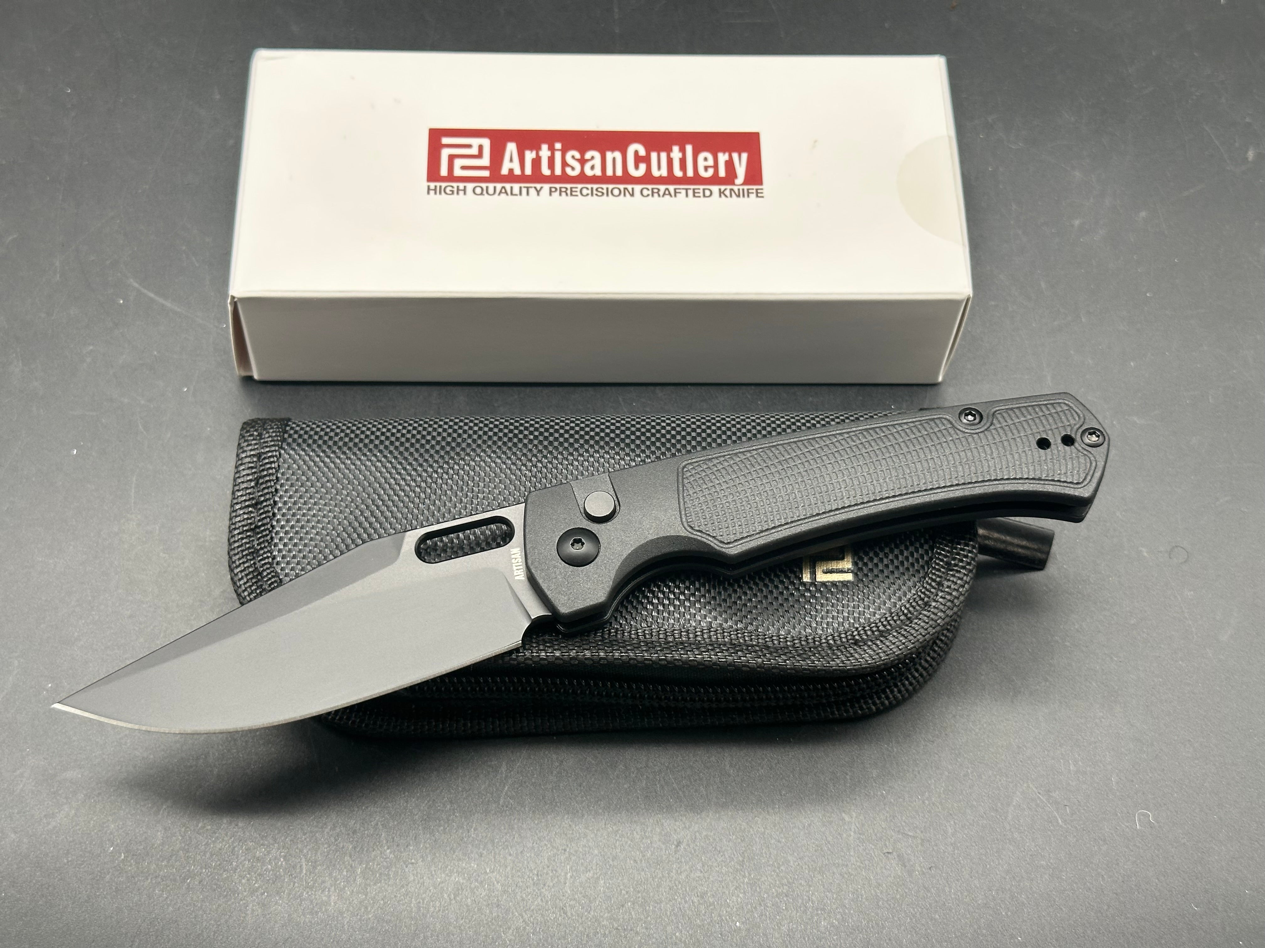 ARTISAN CUTLERY REVEL FOLDING KNIFE BLACK FRN HANDLE AR-RPM9 PLAIN BLACK BLADE