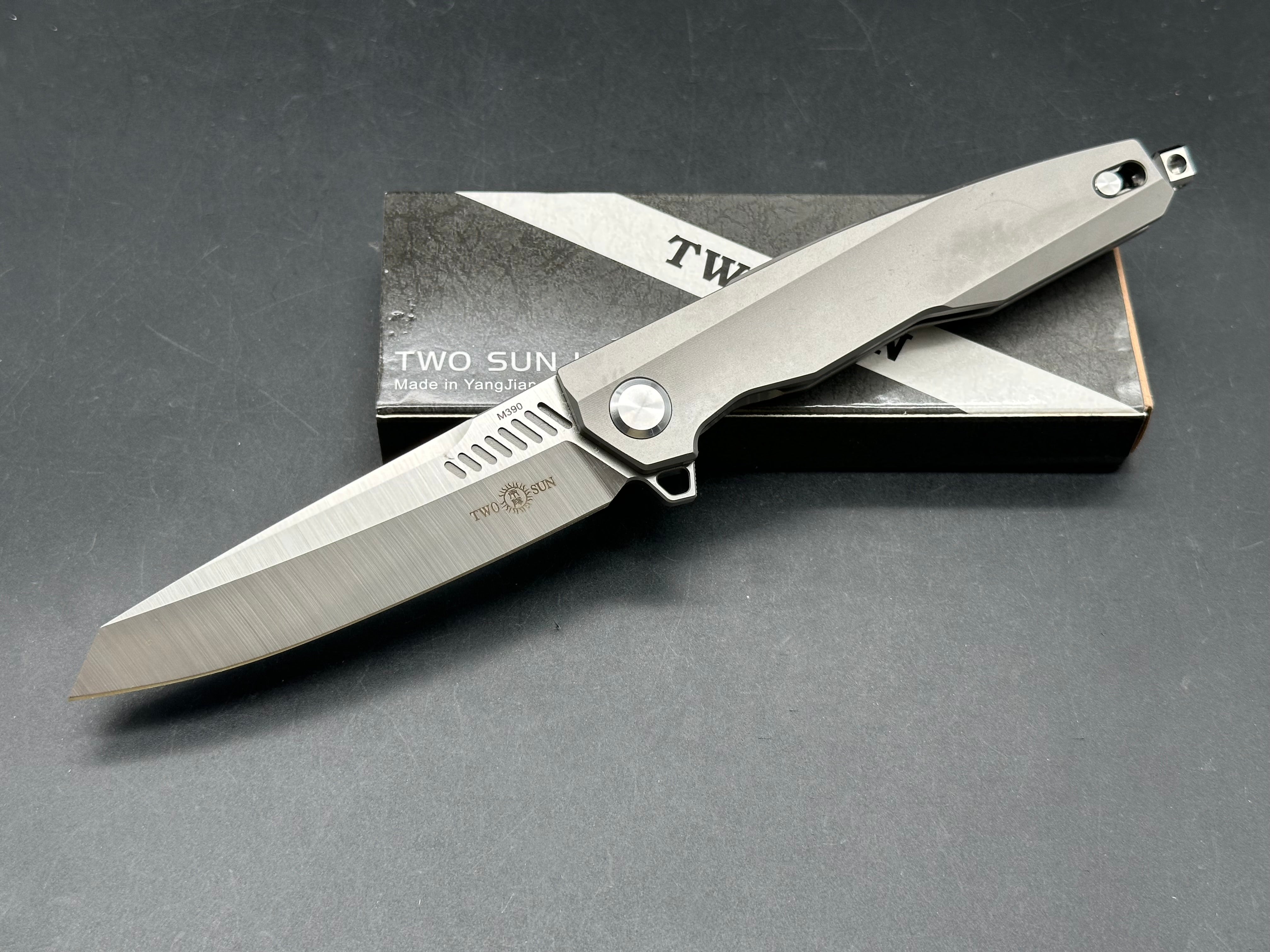 TWOSUN TS88-M390 “Tenon and Mortise” GRAY TITANIUM ALLOY HANDLE PLAIN M390 BLADE