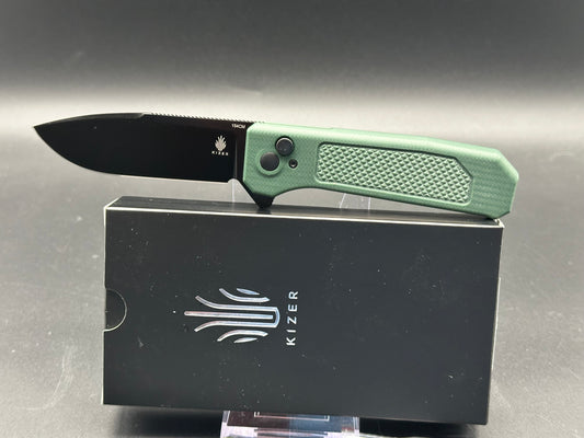 KIZER BRAT BUTTON LOCK FOLDING KNIFE GREEN G10 HANDLE 154CM DROP POINT PLAIN EDGE