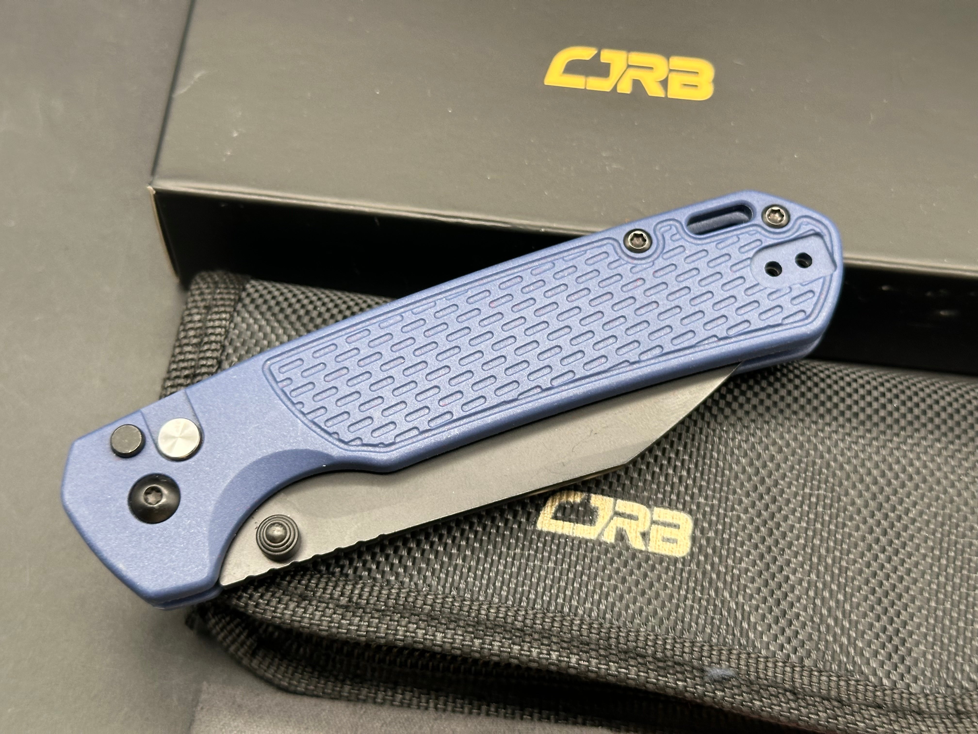 CJRB Pyrite-Light Button Lock Knife Blue FRN (3.3")