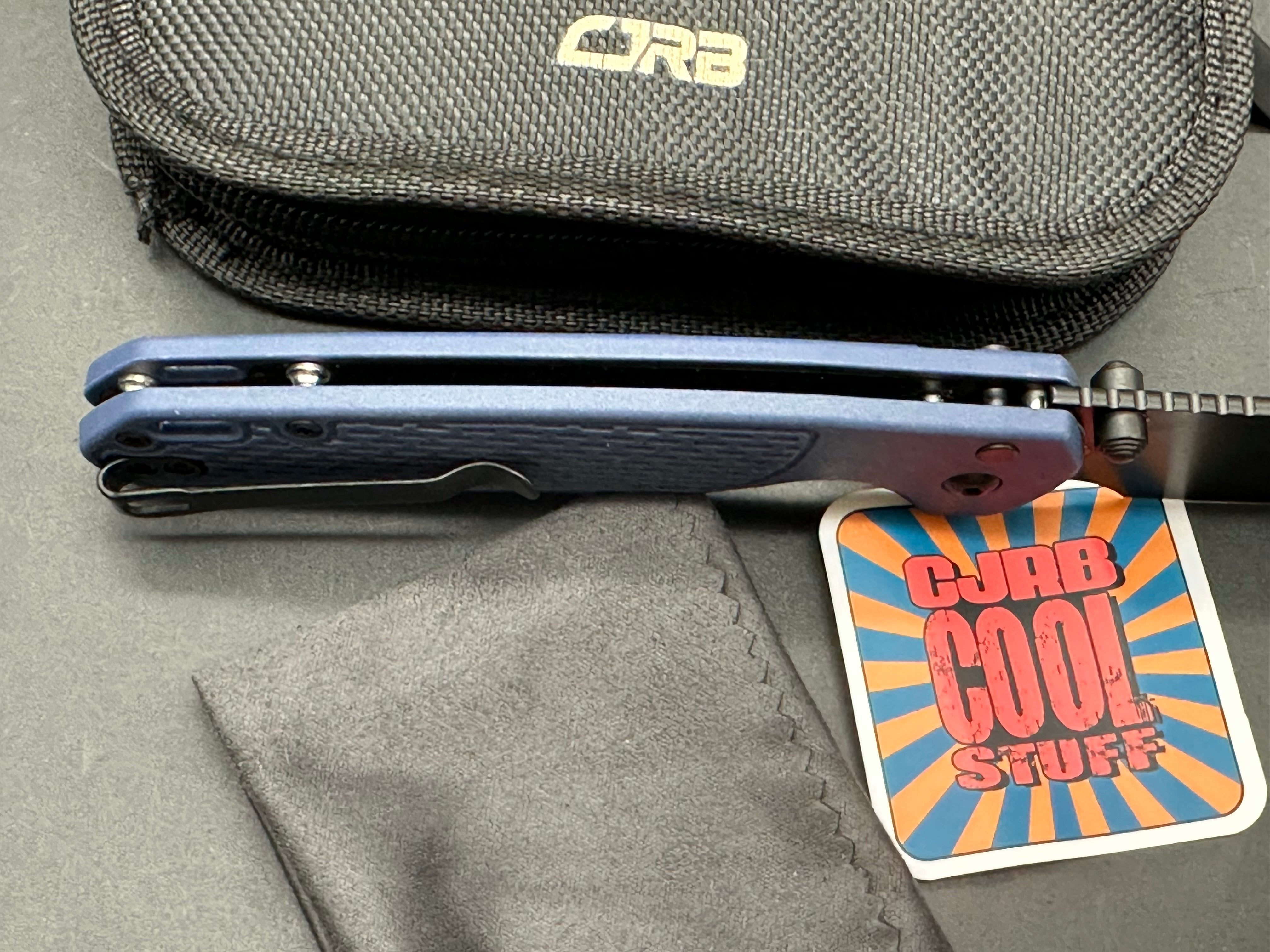 CJRB Pyrite-Light Button Lock Knife Blue FRN (3.3")