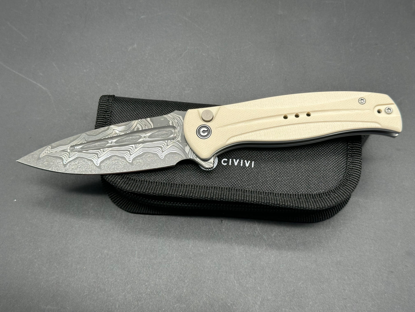 CIVIVI INCINDIE BUTTON LOCK FOLDING KNIFE OFF WHITE G10 HANDLE DAMASCUS SPEAR POINT PLAIN EDGE