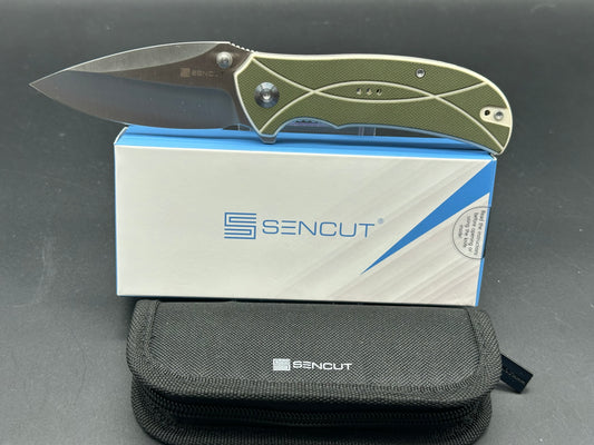 SENCUT HYRAX FOLDING KNIFE GREEN/OFF WHITE G10 HANDLE 9CR18MOV LEAF PLAIN EDGE SATIN FINISH