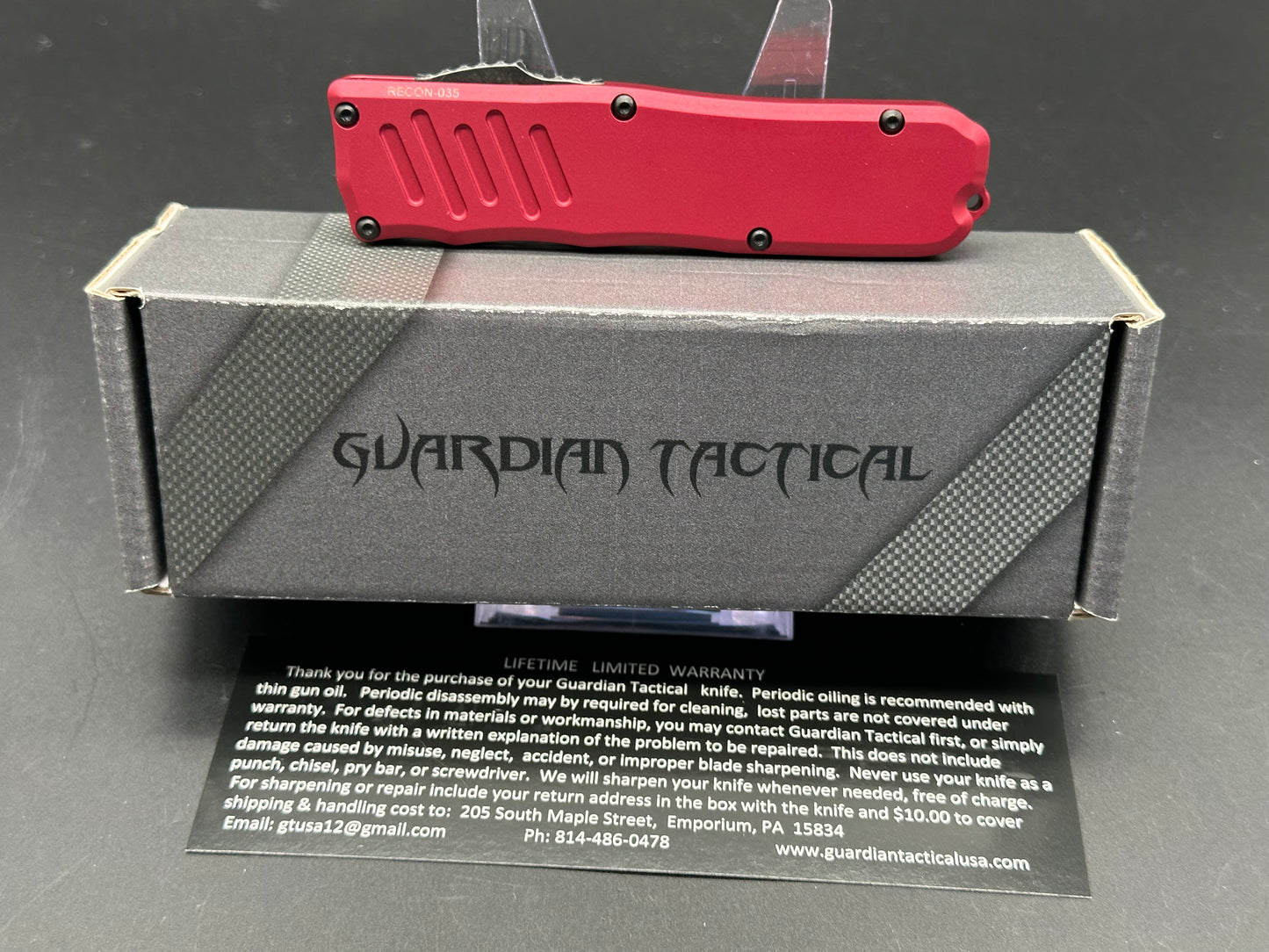 Guardian Tactical RECON-035 OTF 3.3" Red 6061 Aluminum Frame Dagger/Black Stonewash Elmax