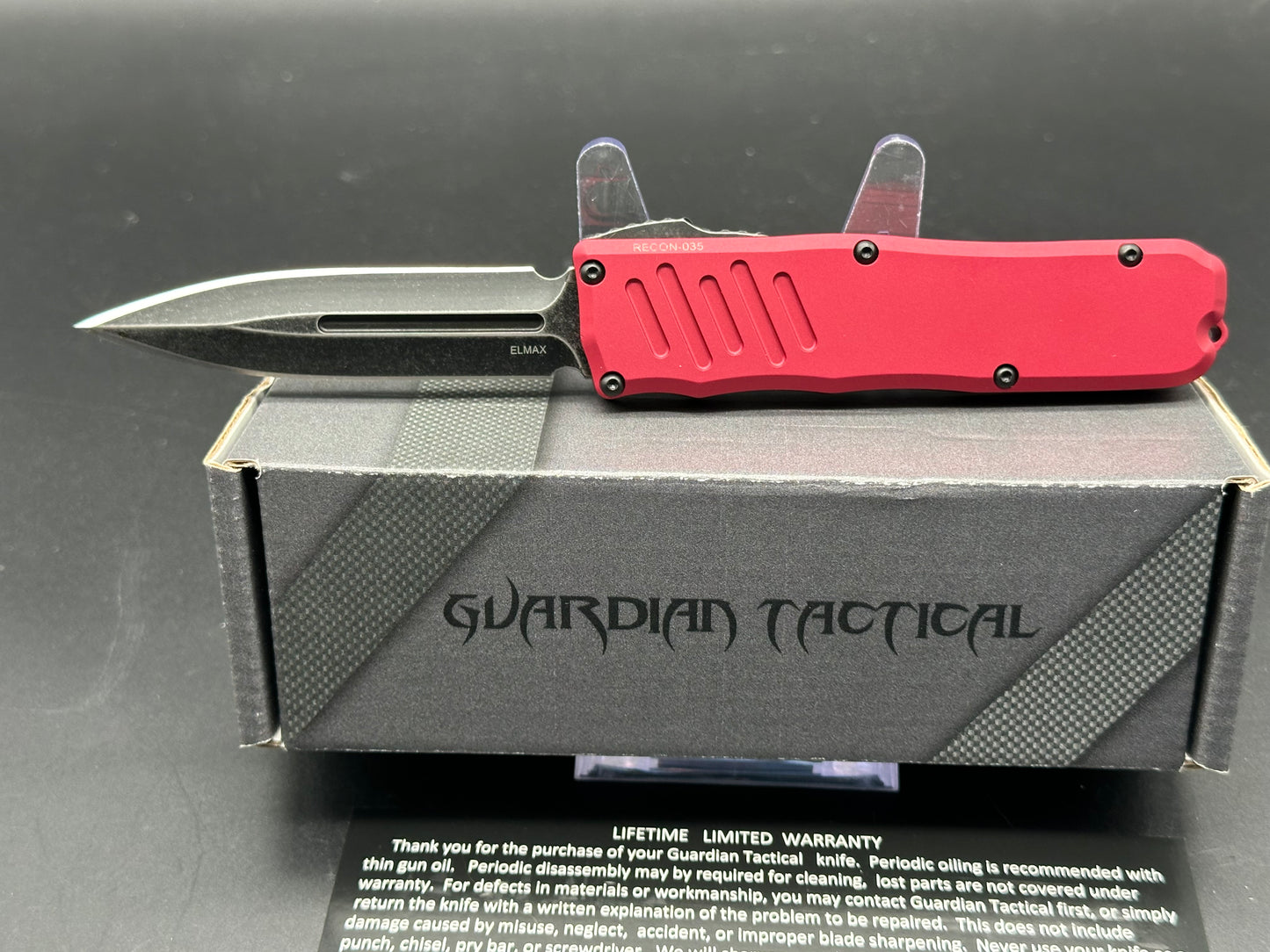 Guardian Tactical RECON-035 OTF 3.3" Red 6061 Aluminum Frame Dagger/Black Stonewash Elmax