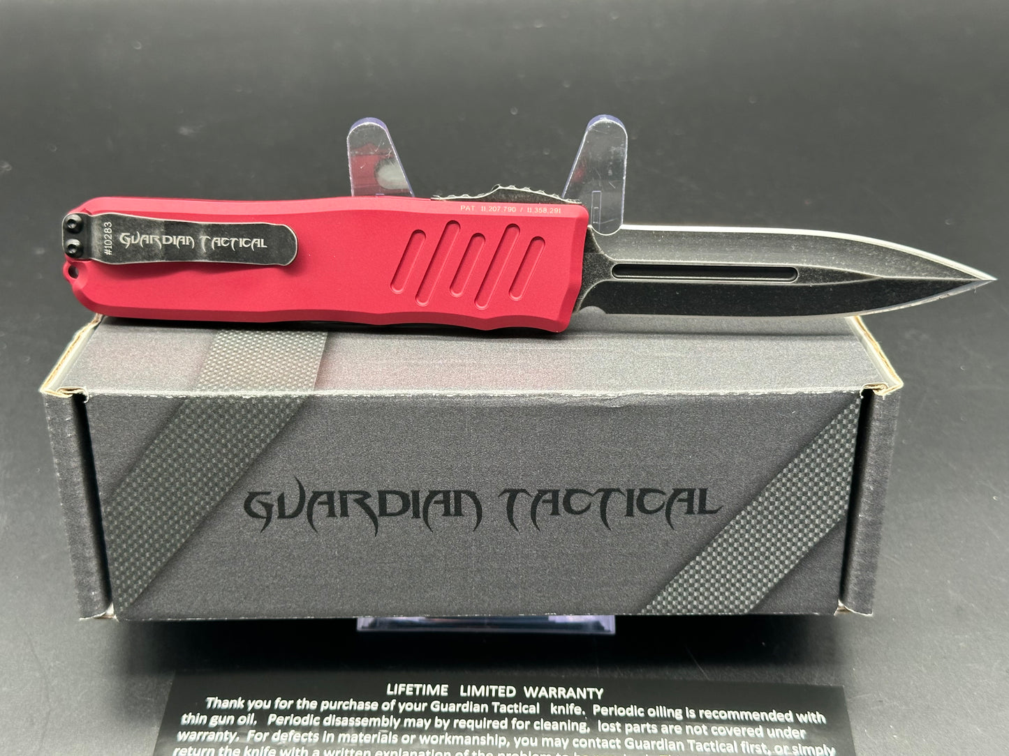 Guardian Tactical RECON-035 OTF 3.3" Red 6061 Aluminum Frame Dagger/Black Stonewash Elmax