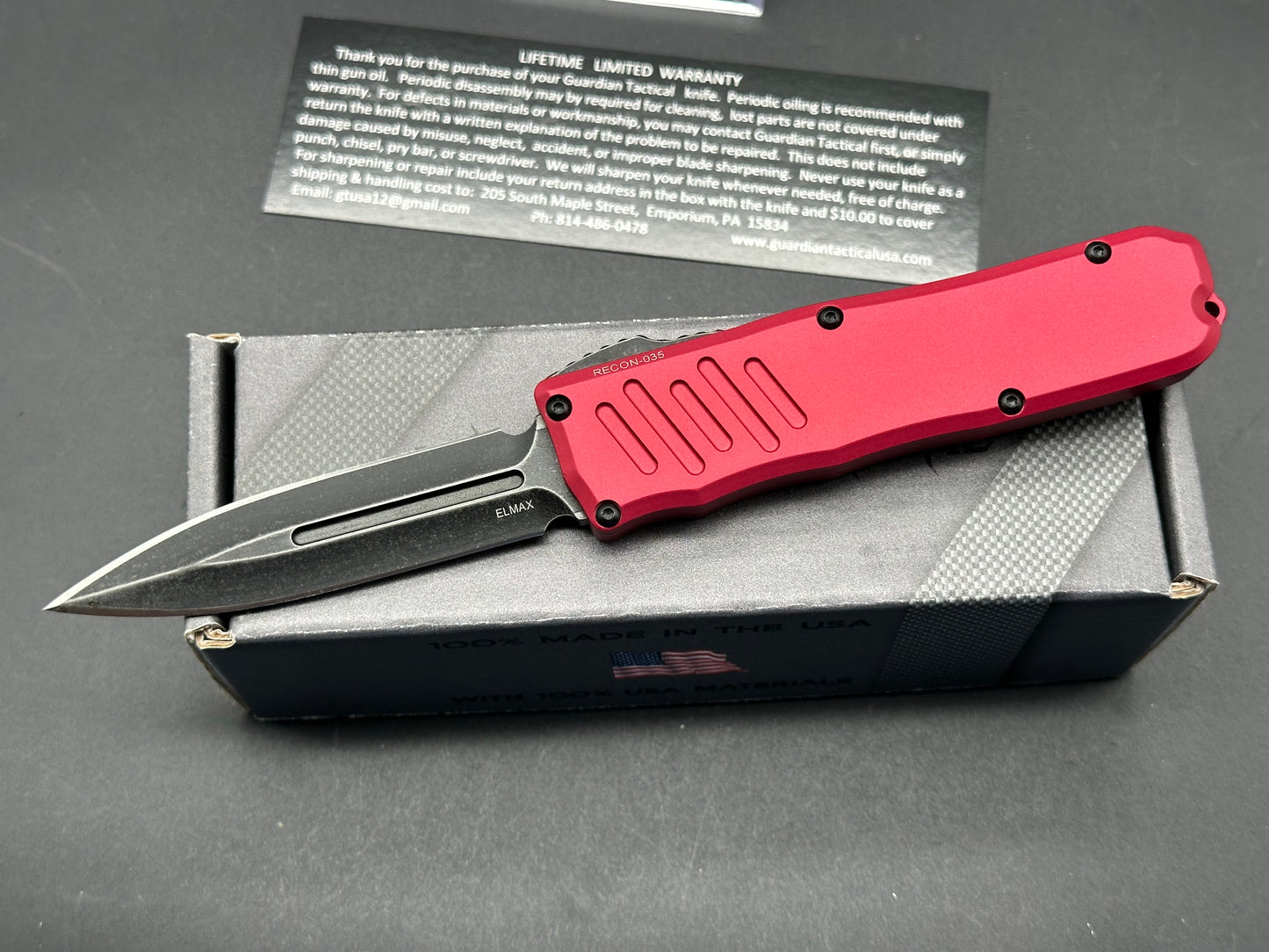 Guardian Tactical RECON-035 OTF 3.3" Red 6061 Aluminum Frame Dagger/Black Stonewash Elmax