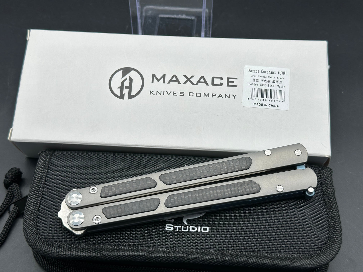 Maxace + Midnight Cat - Covenant Balisong/Grey Ti Handles CF-Inlays & Blue Clip+Spacers Spear Point M390