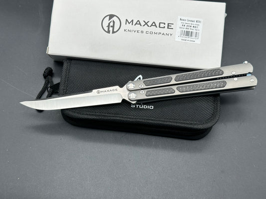 Maxace + Midnight Cat - Covenant Balisong/Grey Ti Handles CF-Inlays & Blue Clip+Spacers Spear Point M390