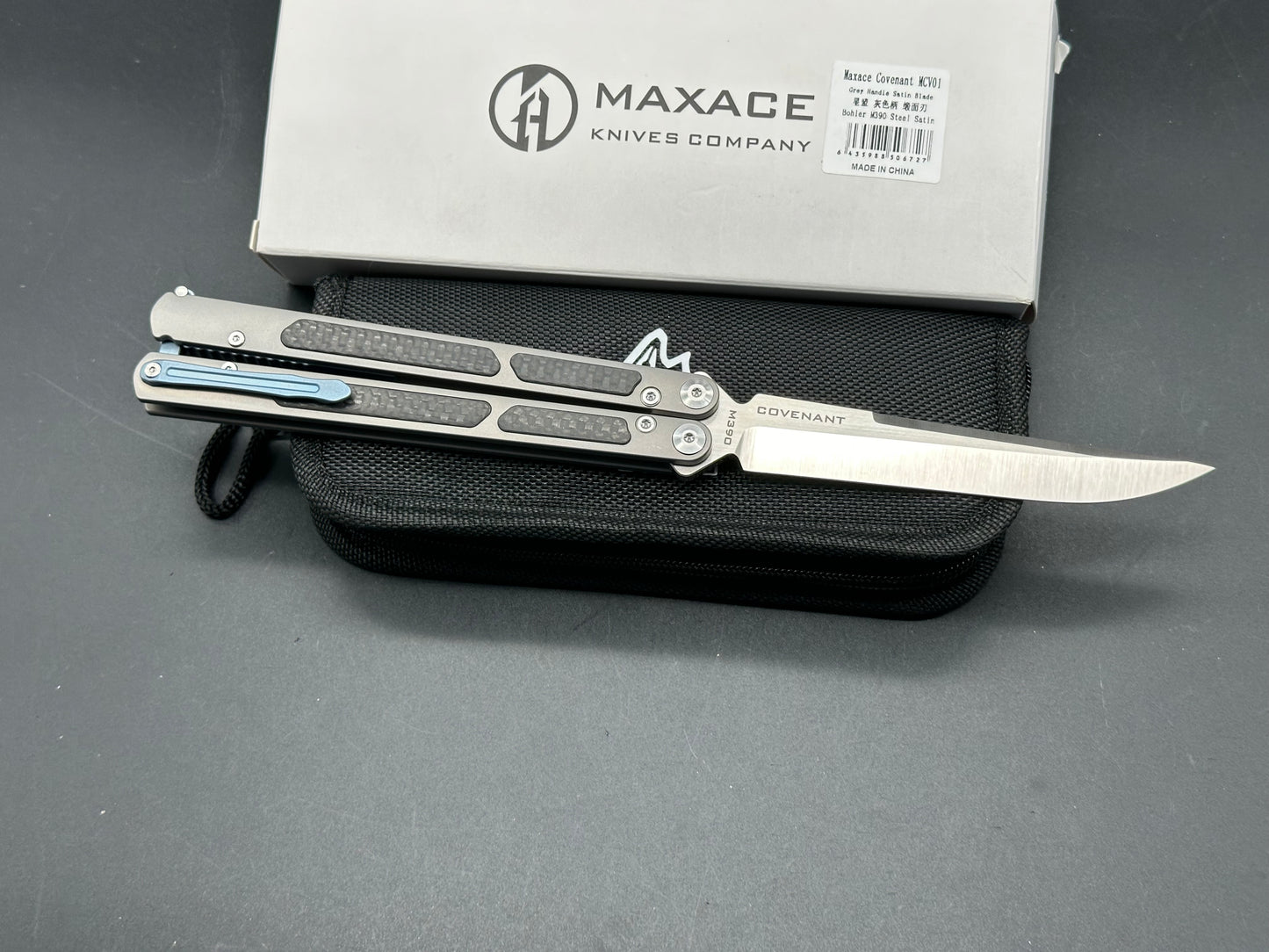 Maxace + Midnight Cat - Covenant Balisong/Grey Ti Handles CF-Inlays & Blue Clip+Spacers Spear Point M390