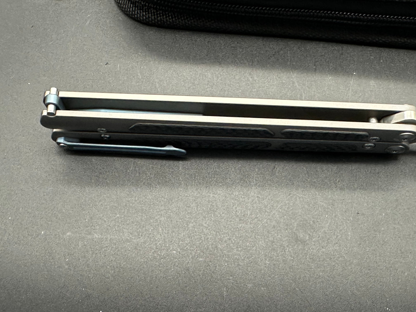 Maxace + Midnight Cat - Covenant Balisong/Grey Ti Handles CF-Inlays & Blue Clip+Spacers Spear Point M390