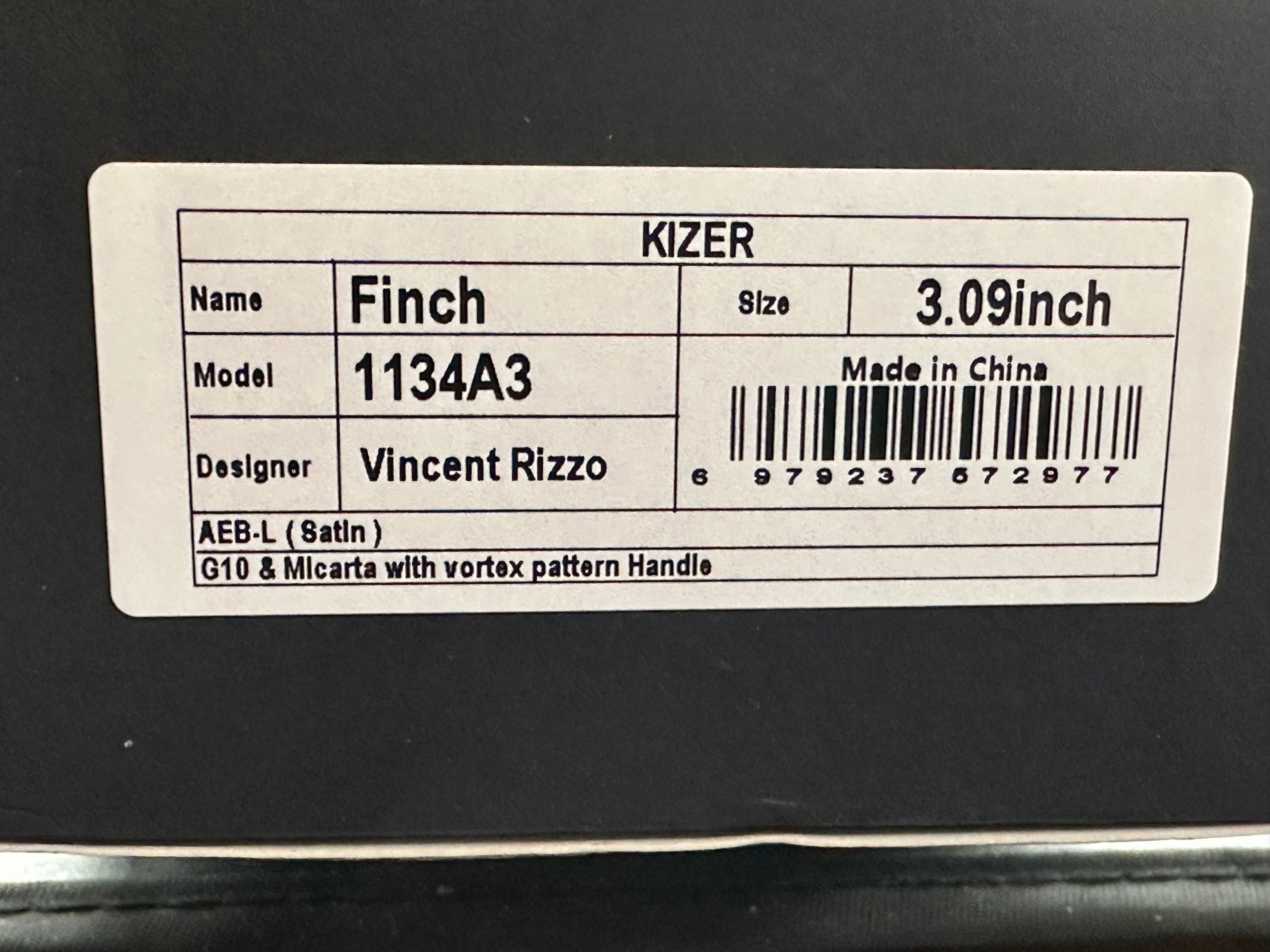 KIZER FINCH FIXED BLADE KNIFE BLACK G10/BLUE VORTEX MICARTA HANDLE AEB-L DROP POINT