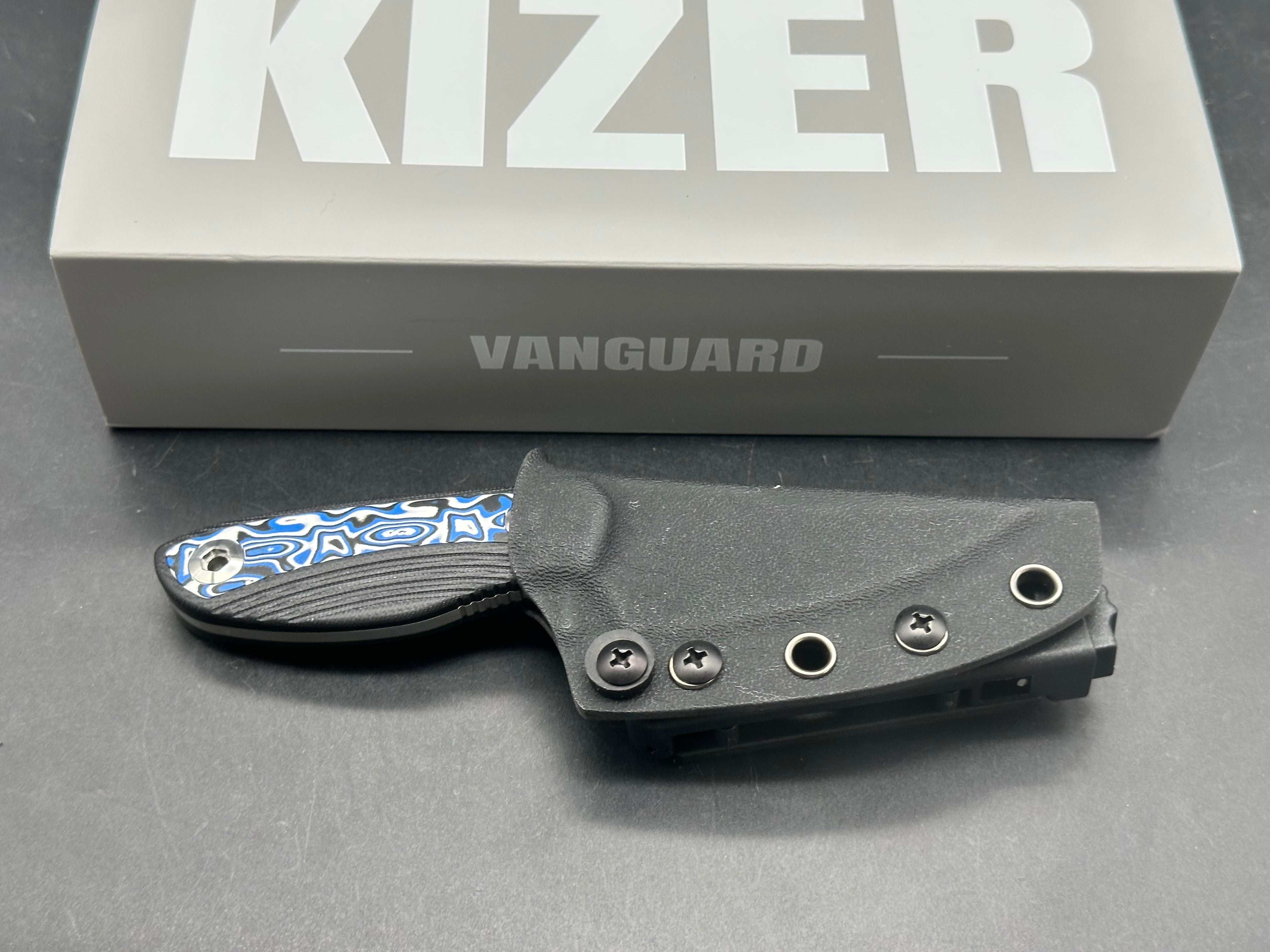 KIZER FINCH FIXED BLADE KNIFE BLACK G10/BLUE VORTEX MICARTA HANDLE AEB-L DROP POINT
