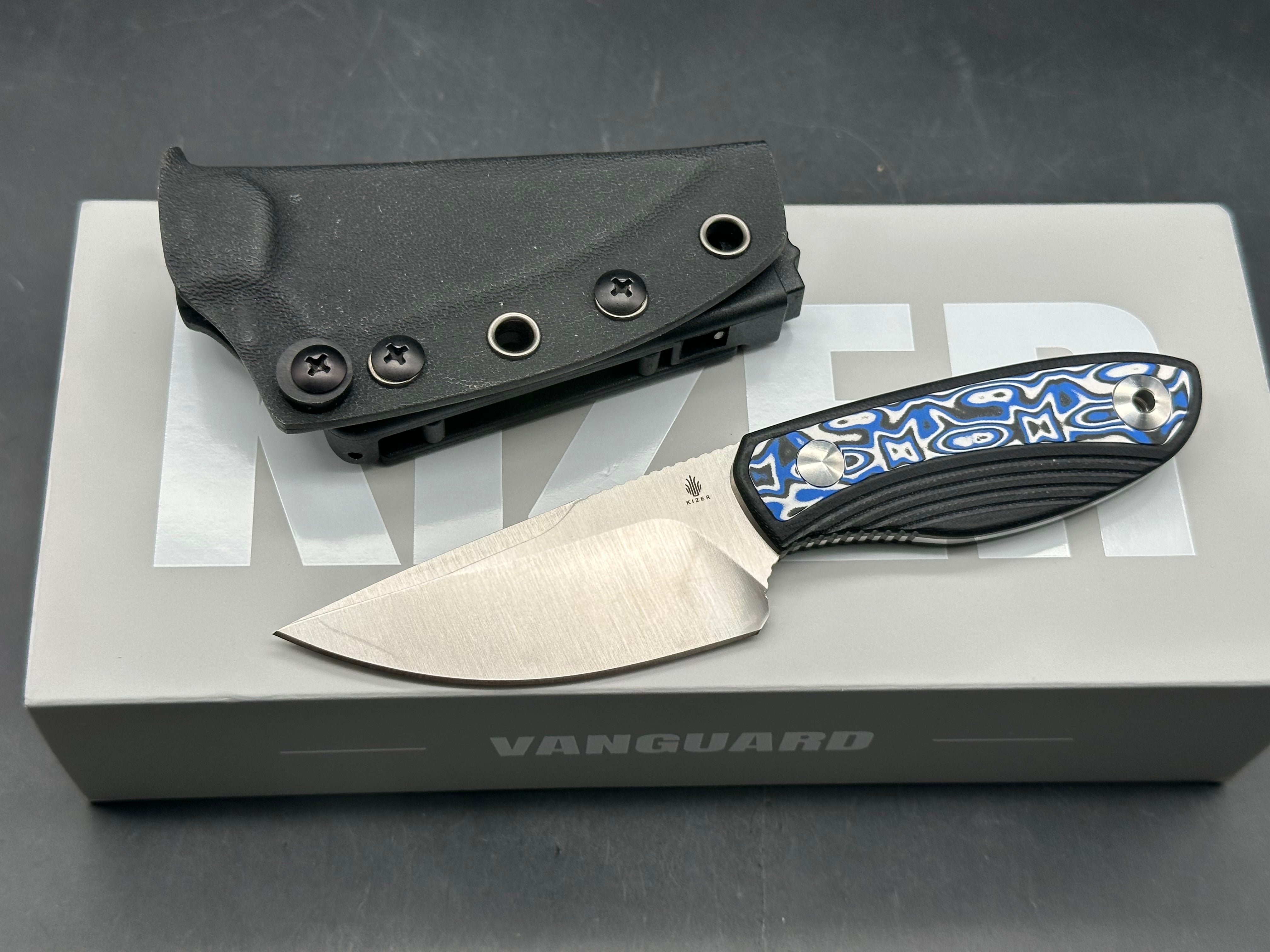KIZER FINCH FIXED BLADE KNIFE BLACK G10/BLUE VORTEX MICARTA HANDLE AEB-L DROP POINT
