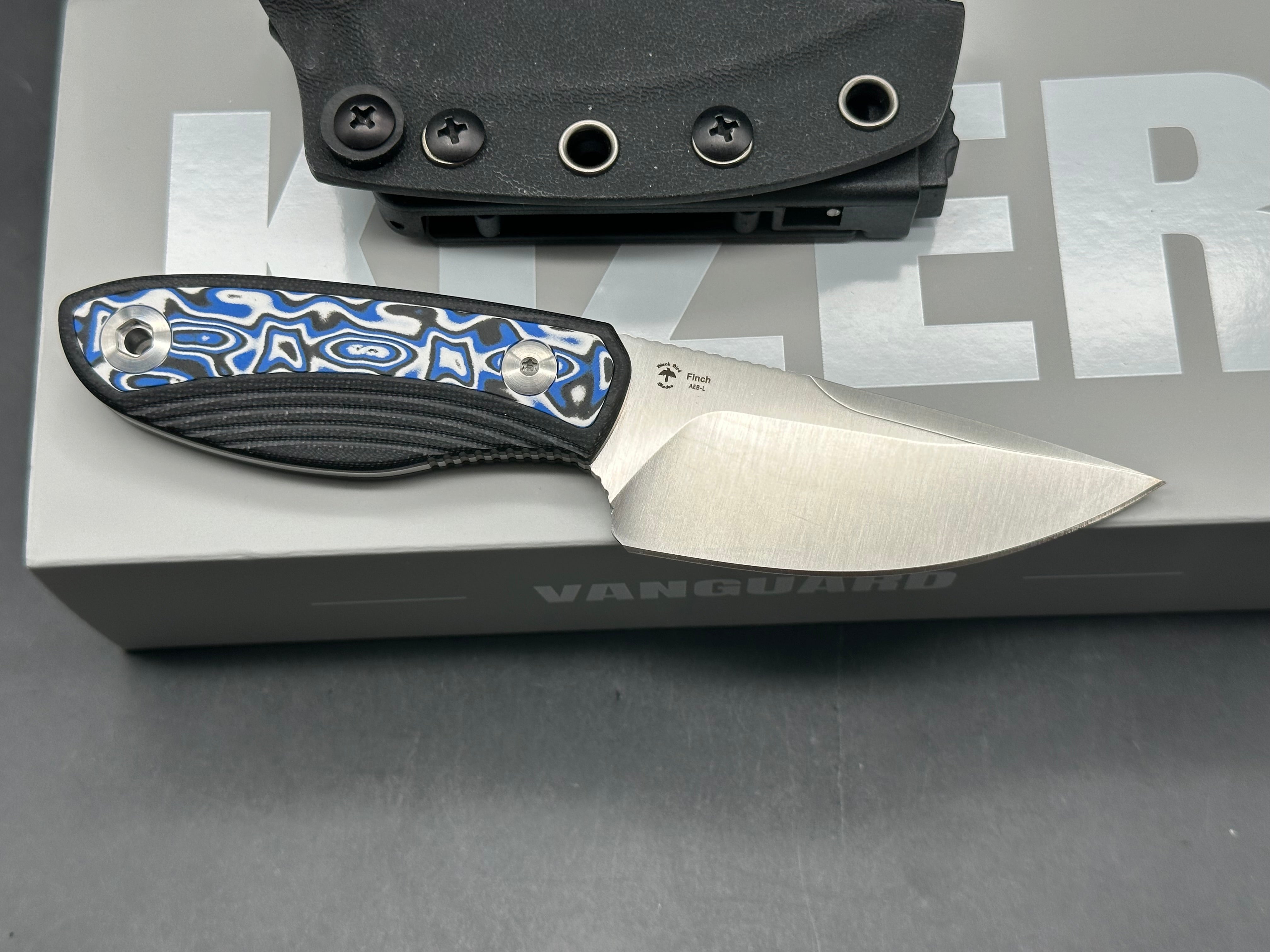 KIZER FINCH FIXED BLADE KNIFE BLACK G10/BLUE VORTEX MICARTA HANDLE AEB-L DROP POINT