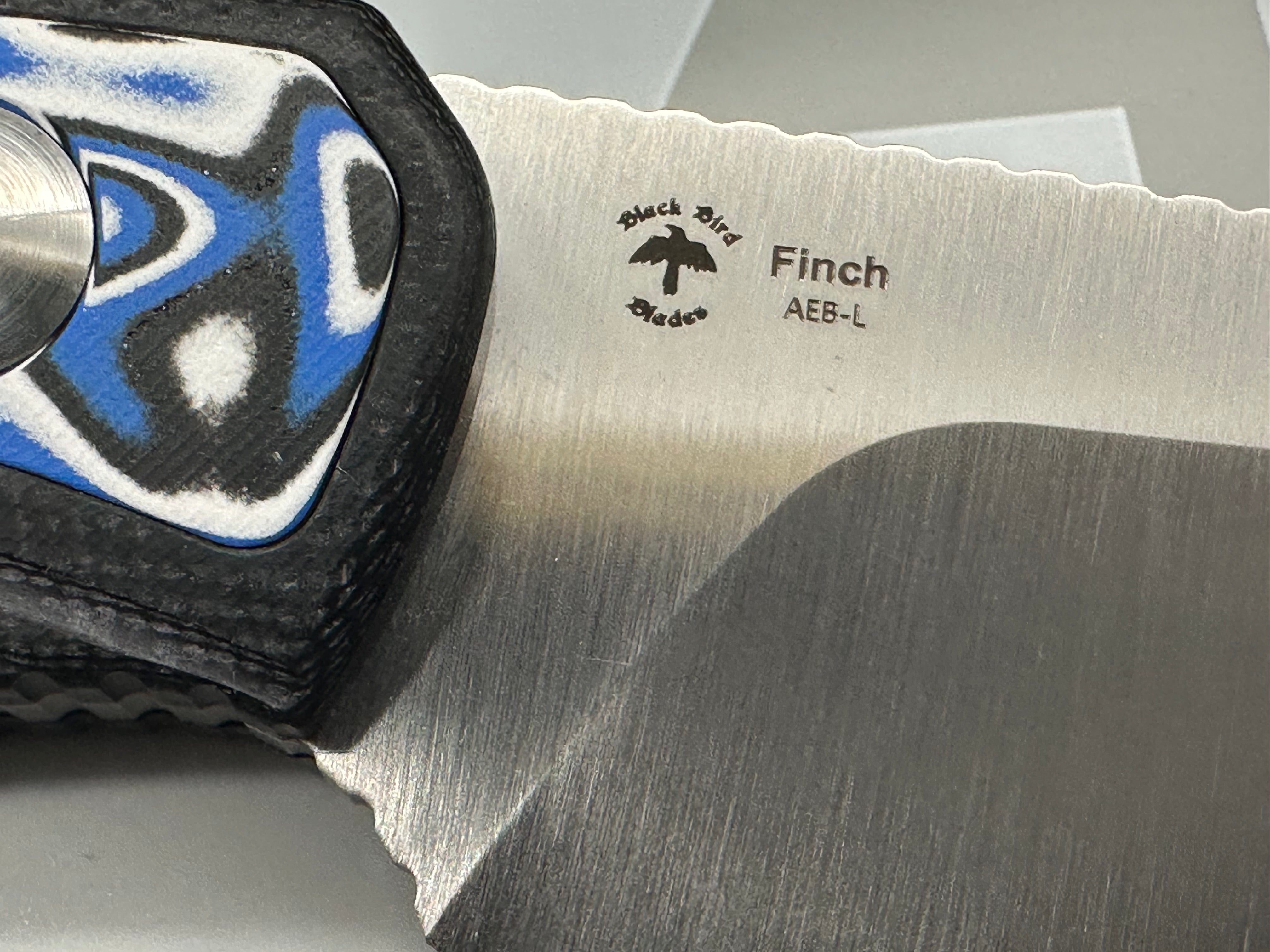 KIZER FINCH FIXED BLADE KNIFE BLACK G10/BLUE VORTEX MICARTA HANDLE AEB-L DROP POINT