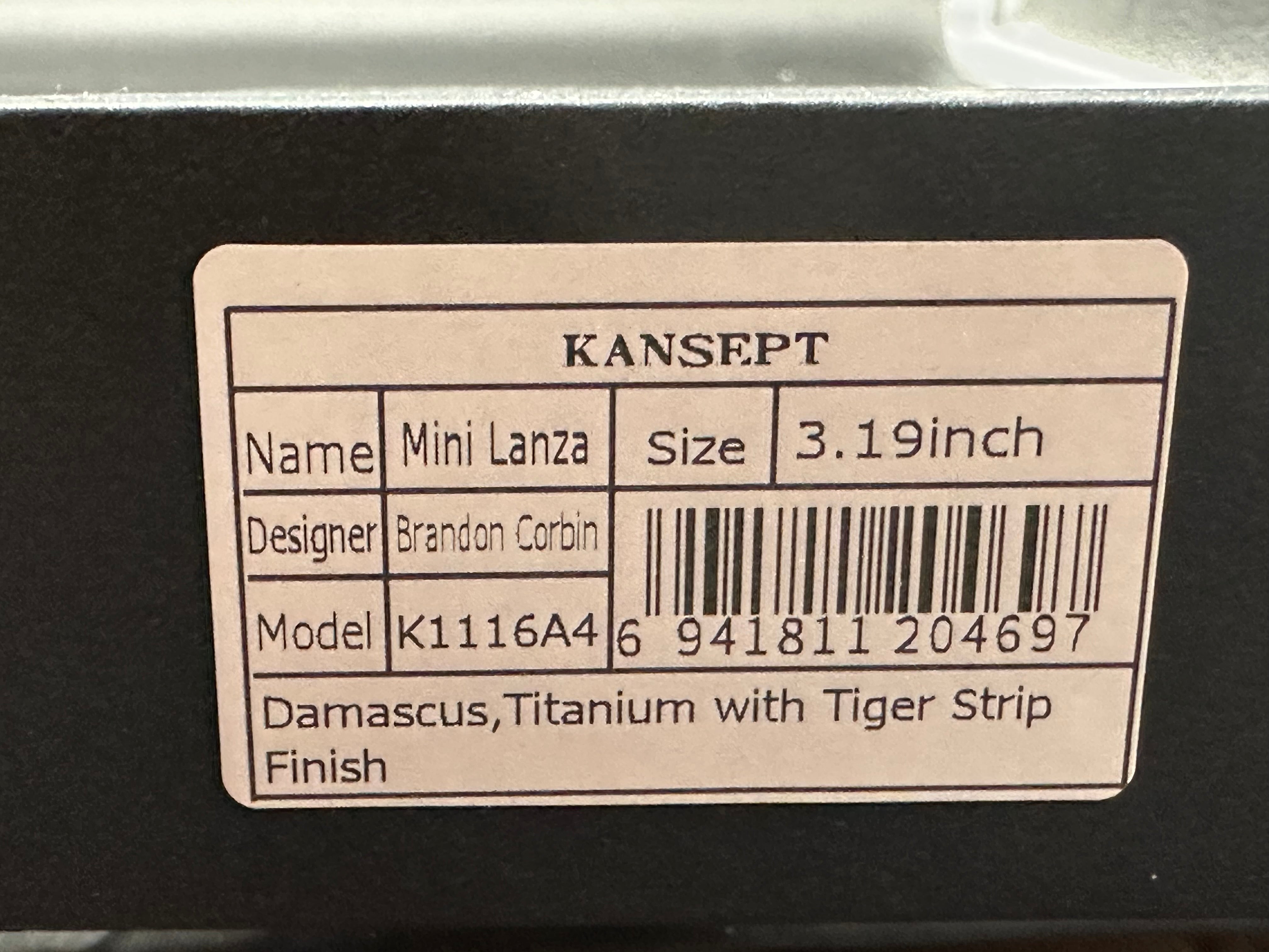 KANSEPT MINI LANZA TIGER STRIPE TITANIUM HANDLE DAMASCUS DROP POINT