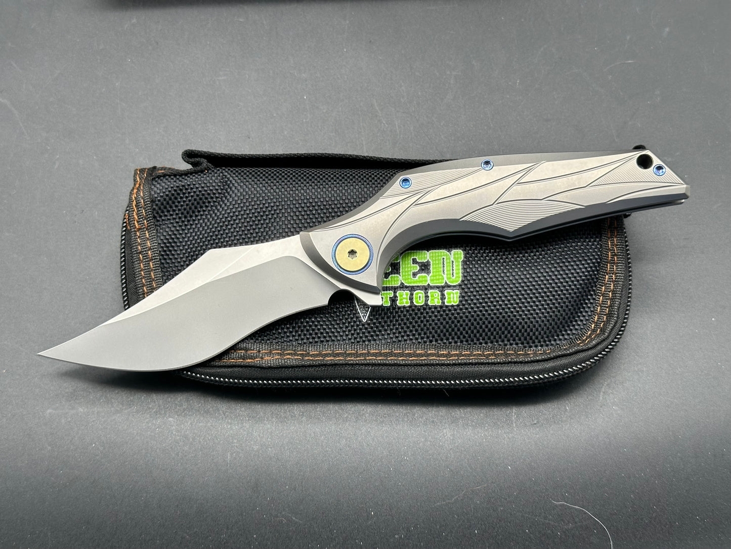 Green Thorn Talon/Grey Milled Ti Frame + Custom Ano Hardware/Upswept/Stonewash M390