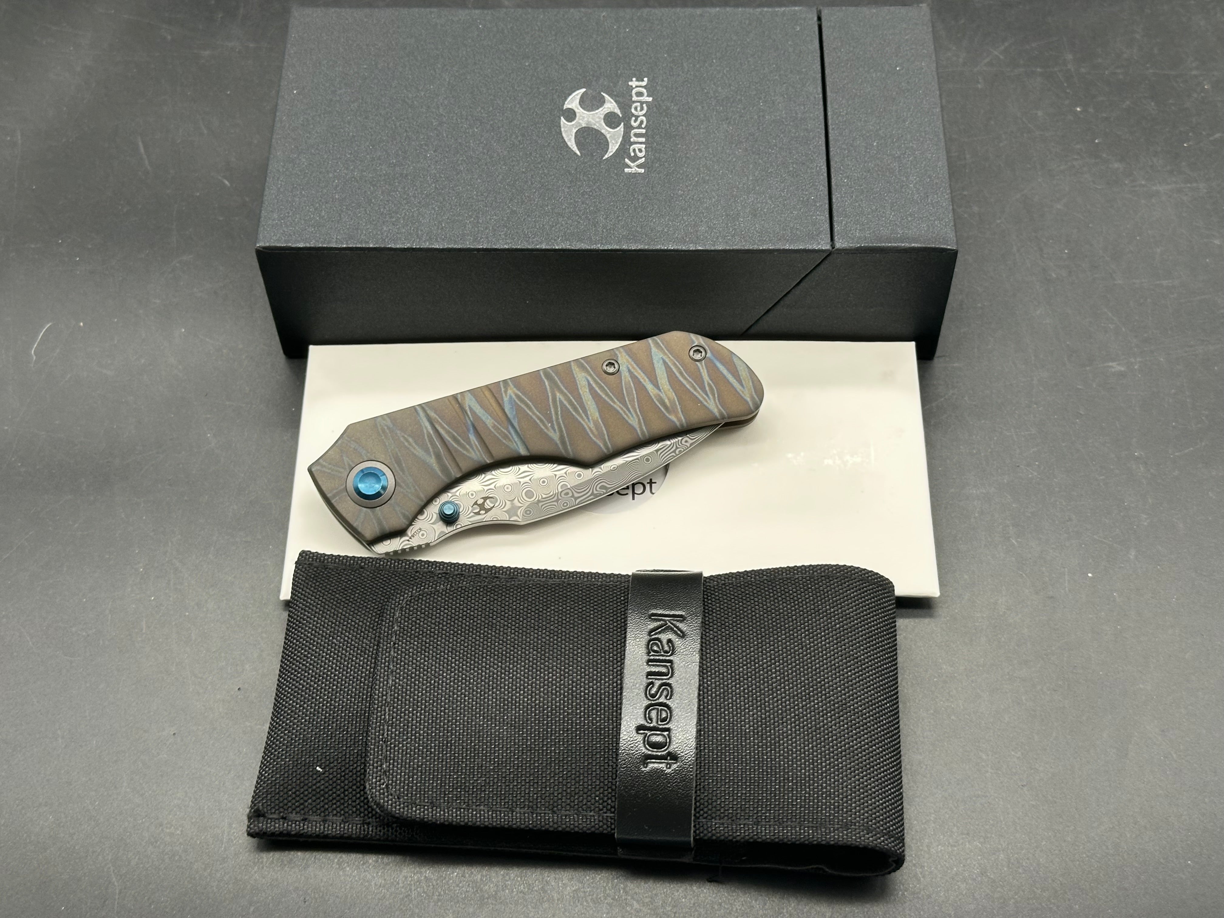 KANSEPT MINI LANZA TIGER STRIPE TITANIUM HANDLE DAMASCUS DROP POINT