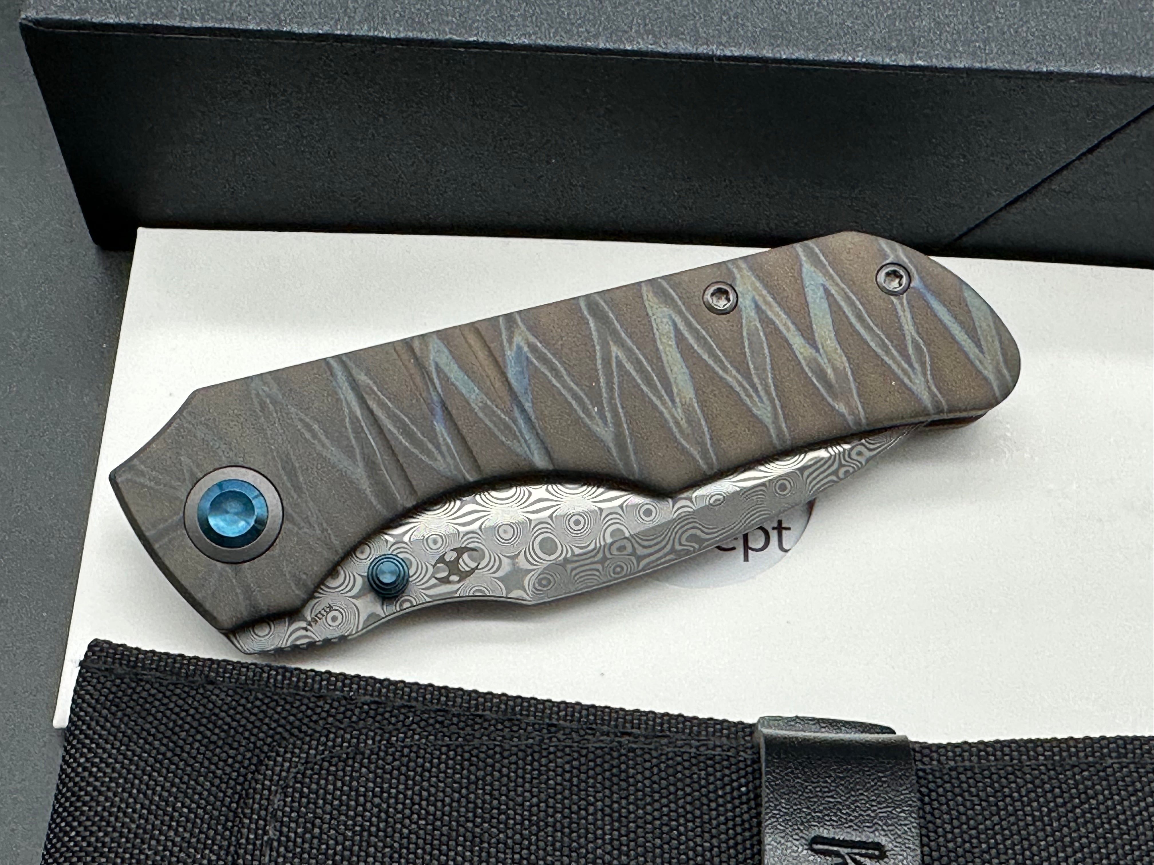 KANSEPT MINI LANZA TIGER STRIPE TITANIUM HANDLE DAMASCUS DROP POINT
